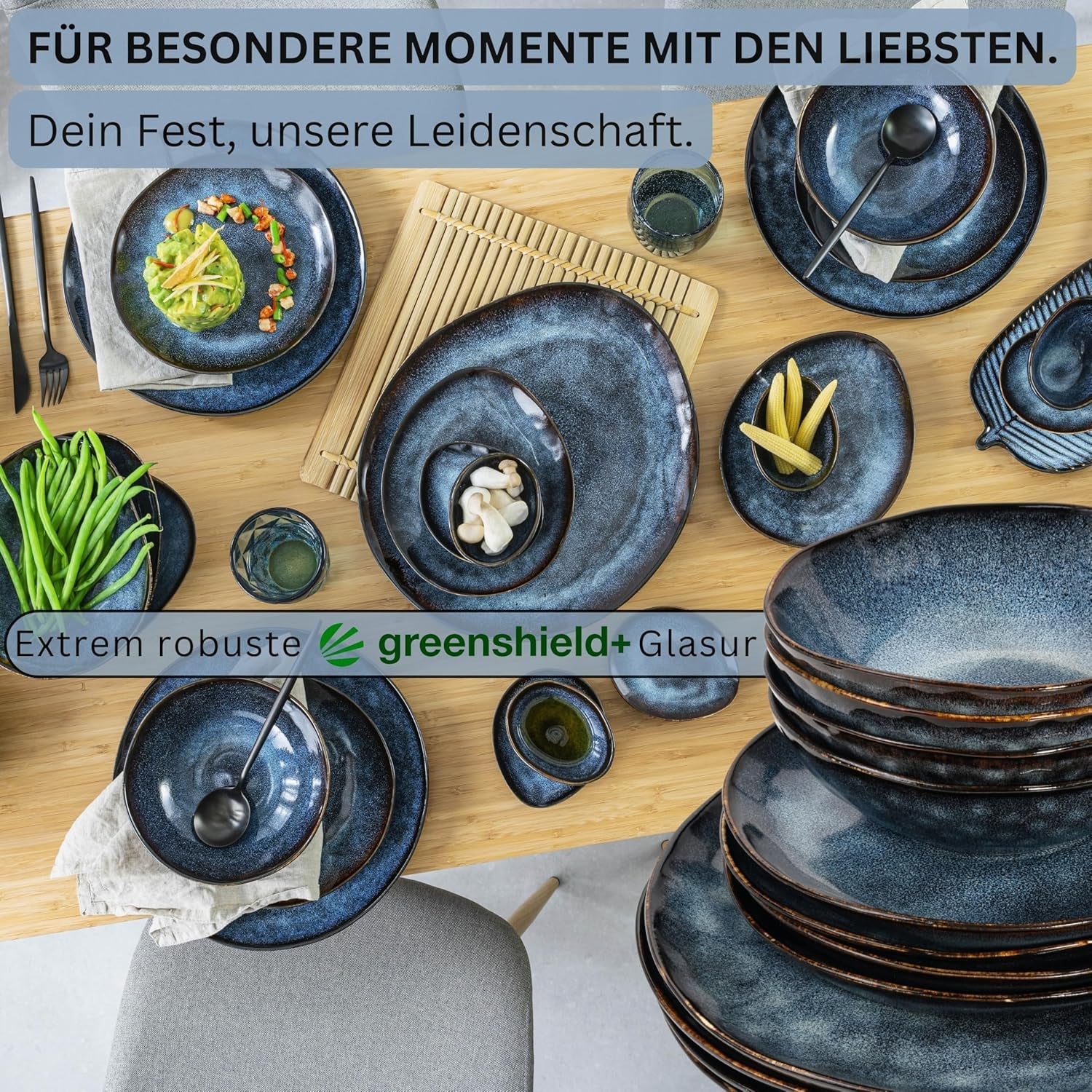 Sänger | Tokyo 36-delt servisesæt 12-personers porcelænsstel Moderne håndlavet mørkeblåt porcelæn med sorte accenter | PREMIUM KOLLEKTIONEN
