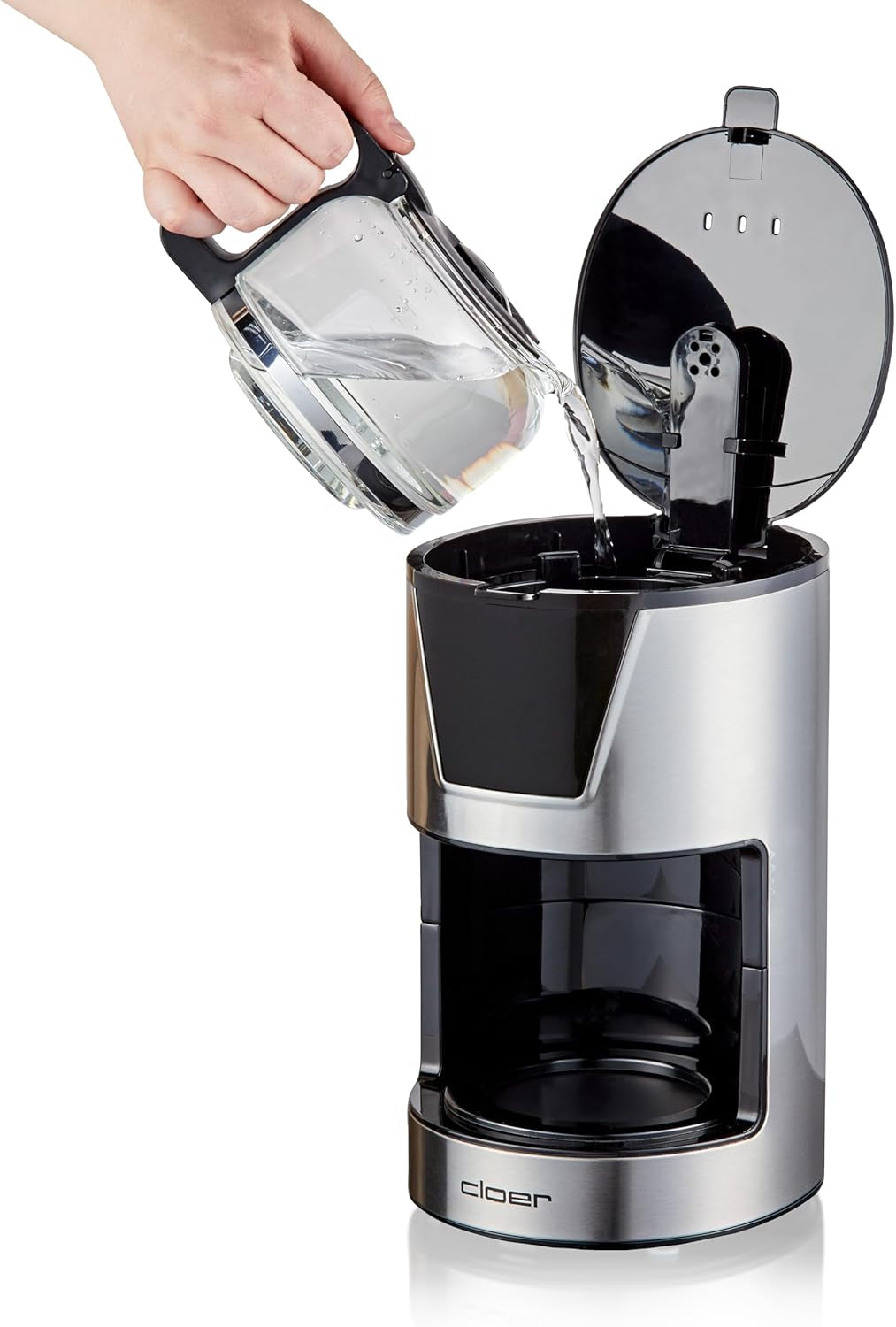 Cloer 6-kops filter espressomaskine, skånsom holde varm funktion, glaskaraffel, måleske, vandstandsindikator, anti-dryp system, automatisk sluk, filterstørrelse 1x2, 550W, rustfrit stål