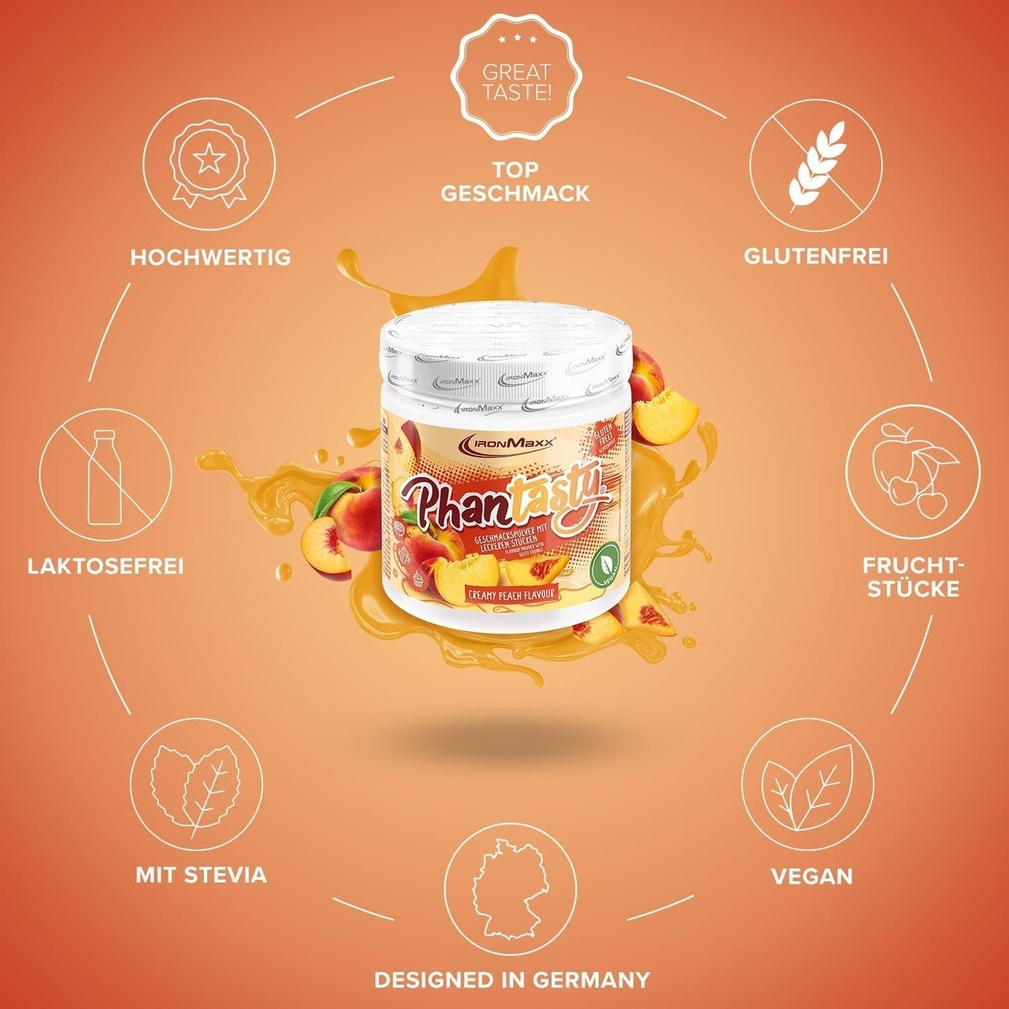 Ironmaxx Phantasty - Creamy Peach 250G Dose | Vegansk Geschmackspulver Mit Echten Frucht- Oder Nussstückchen | Perfekter Zuckerersatz Sweeteners Naty Shop