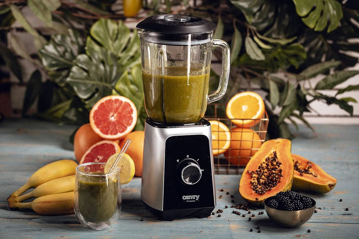 CR 4077 Standmixer Mit 1.5L Glasbeholdere, Smoothie Maker, Hochleistungsmixer, Mahlung, Eis-Zerkleinerung, Pulsfunktion, Edelstahlklingen, 2 Geschwindigkeiten, 1000W, Schwarz/Silber Kitchen Naty Shop
