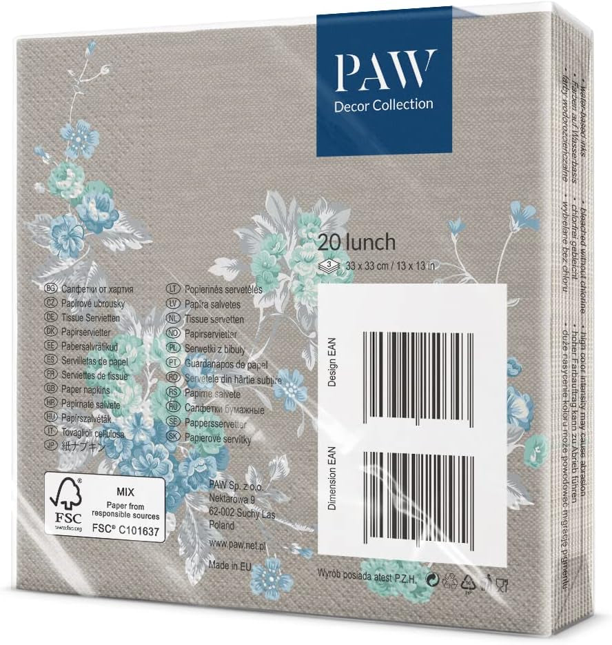PAW - 3-lags servietter (33 X 33 Cm) I 20 stykker I Perfekt til fødselsdage, fester, bryllupper, nadver og helligdage I Farverige papirservietter - Elegante blomster I Farve: Fredelig have