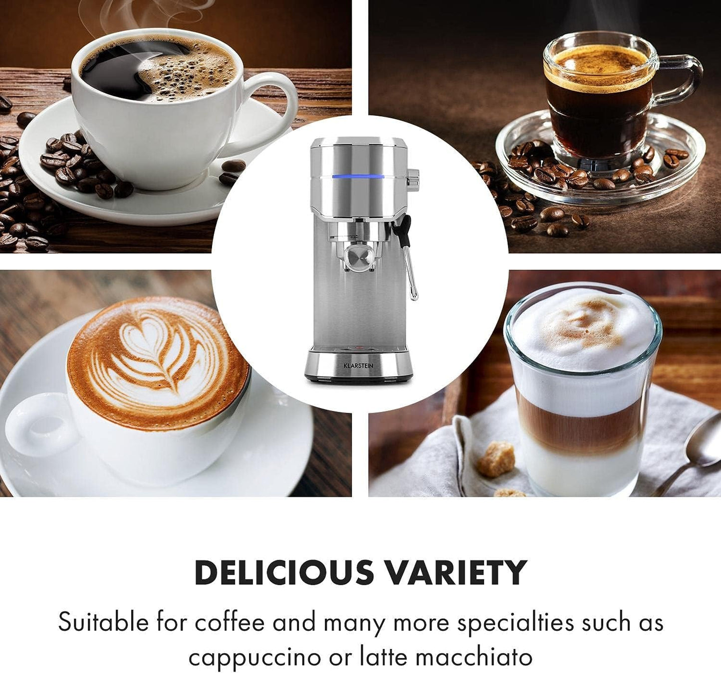 Klarstein Futura Espressomaskine, Bærbar Filter Espressomaskine, 1450 W, 20 bar, Barista Kvalitet, Dobbeltmundstykke, Flowstop, Bærbar Filter Espressomaskine, Mælkeskummerfunktion, Sølv