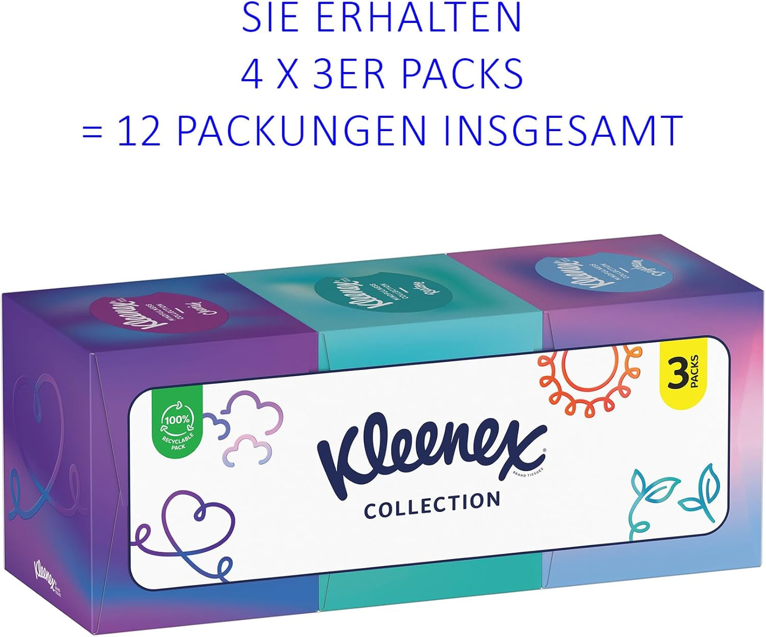 Kleenex kosmetiske vævsæsker, daglig brug, 3-lags, samlingsterning, 12 X 48 væv