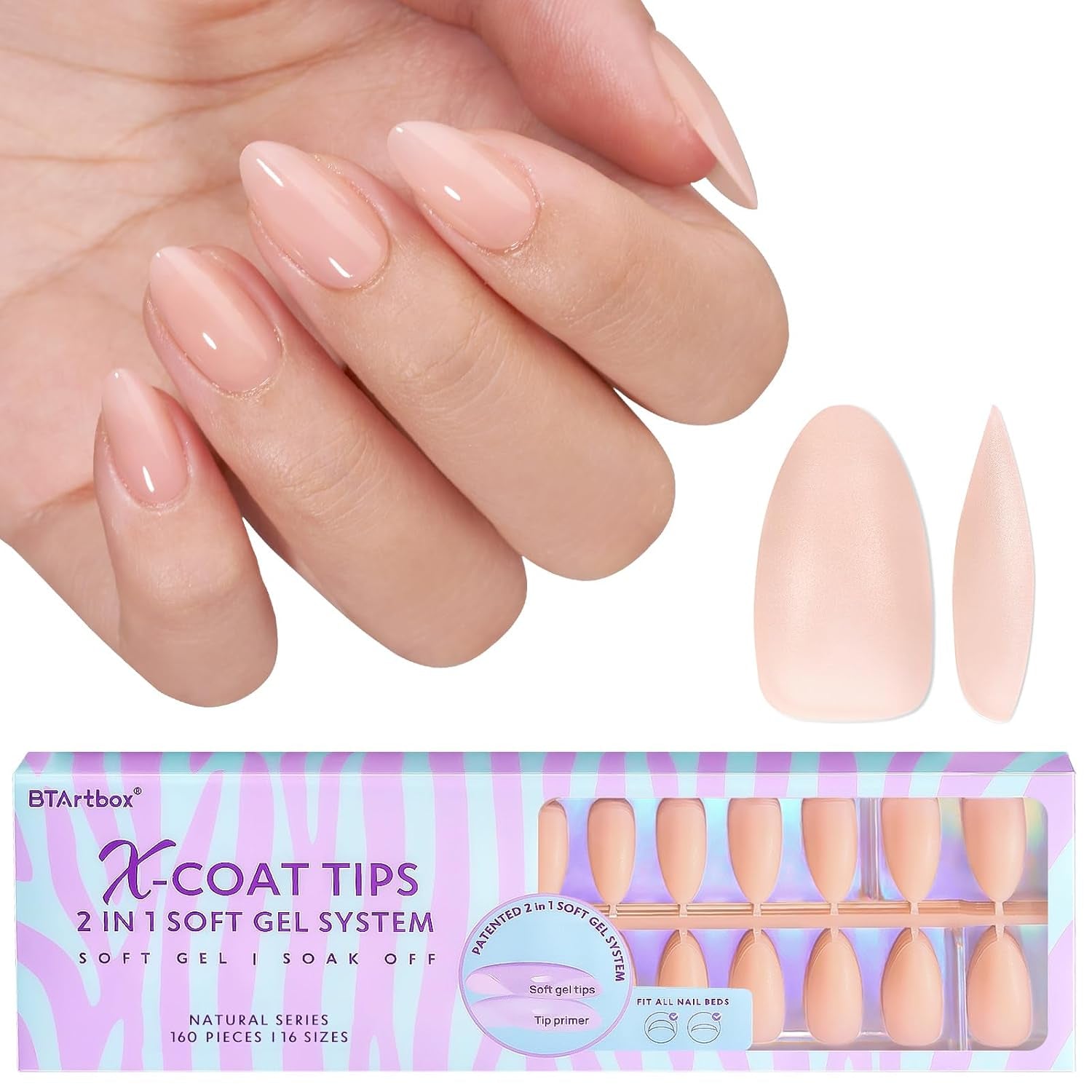 Btartbox Extra Short Soft Gel Negle Fulddækning Mandel Korte neglespidser 160 stk. Præ-designede XCOATTIPS kunstige negle Mandelkorte neglespidser til negleforlængelser
