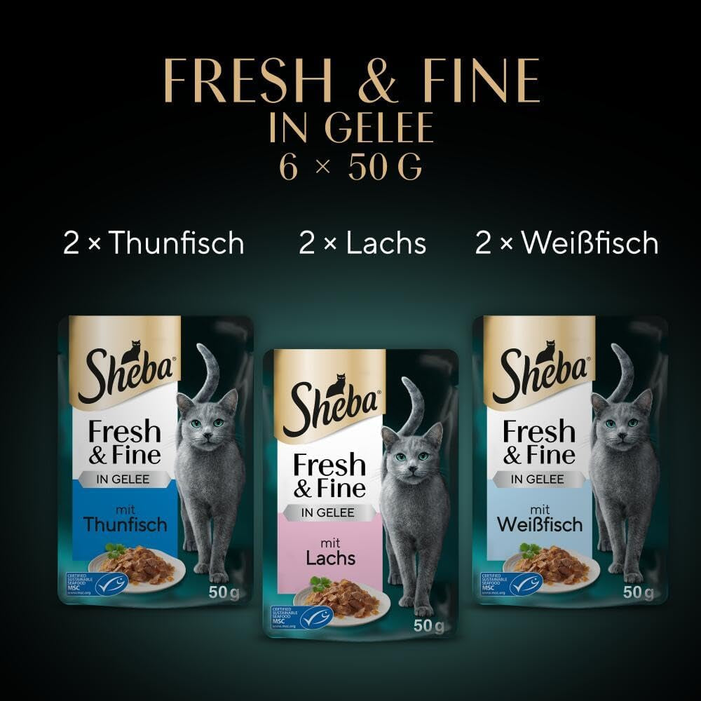 Sheba Portion Pouches Vådfoder til katte, Multipack Fresh & Fine i gelé med MSC tun og laks, 6x6x50g - Sunde måltider til katte med gelé