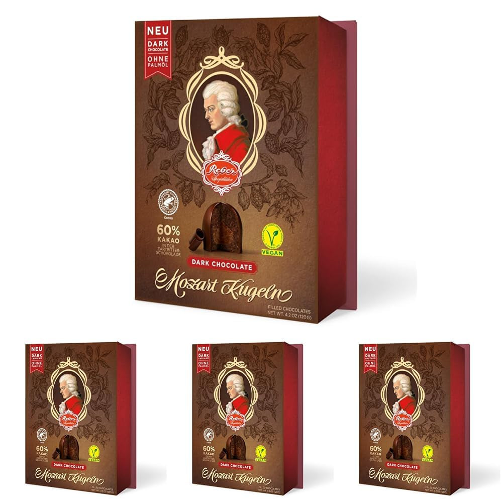 Reber Mozart kugler med mørk chokolade, pakke med 6 med marcipan og nougat, vegansk - 1 x 120 g