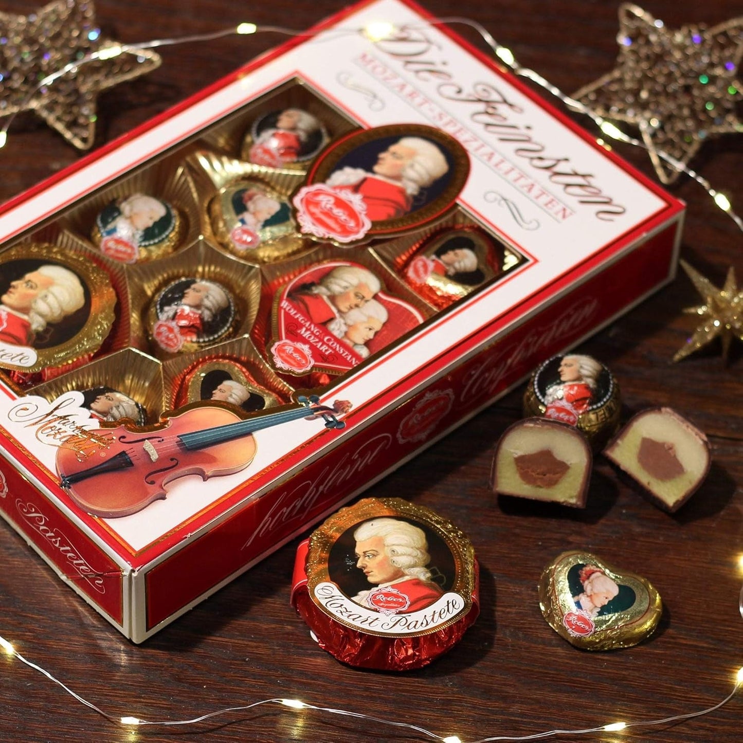Reber Mozart kugler med mørk chokolade, pakke med 6 med marcipan og nougat, vegansk - 1 x 120 g