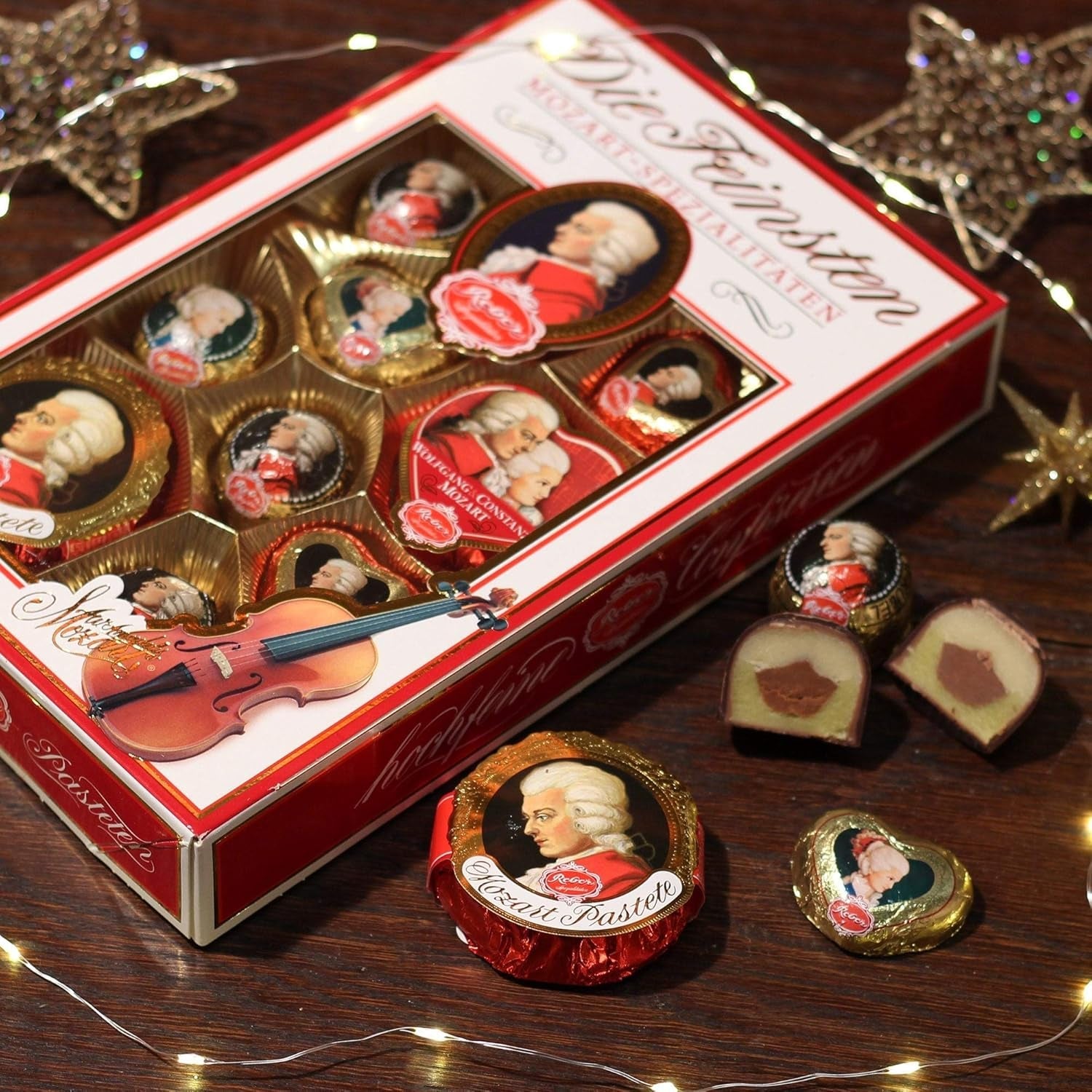 Reber Mozart kugler med mørk chokolade, pakke med 6 med marcipan og nougat, vegansk - 1 x 120 g