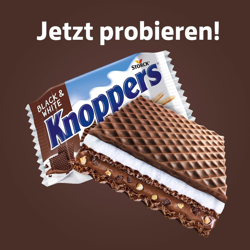 Sort og hvid – 2 x 200 g (2 x 8 stykker) – Vaffelskiver fyldt med mørke kakaoblater, stykker sort dej, mælk og nougatcreme