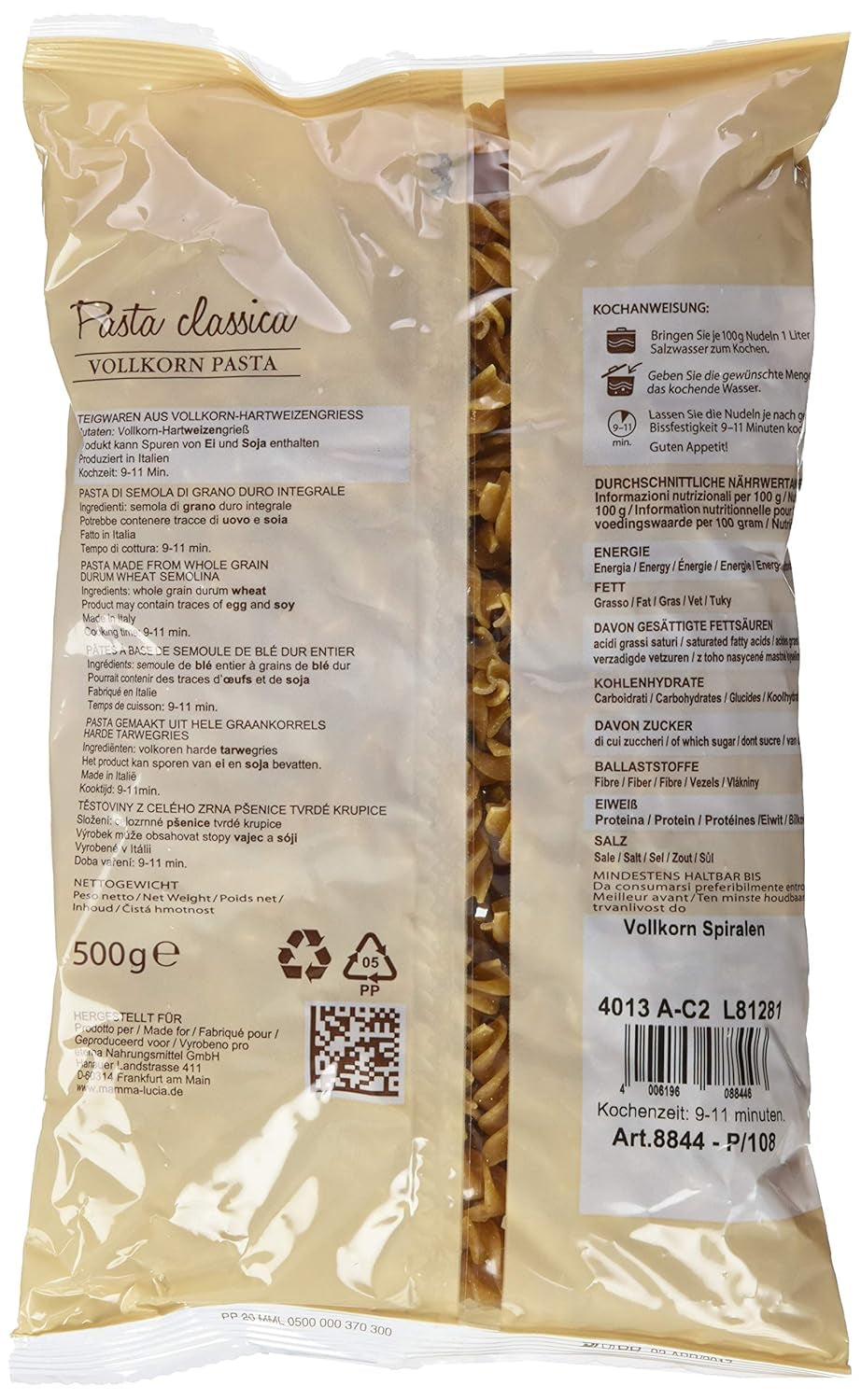 Fuldkornspastaspiraler, pakke med 10 stk. (10 x 500 g)