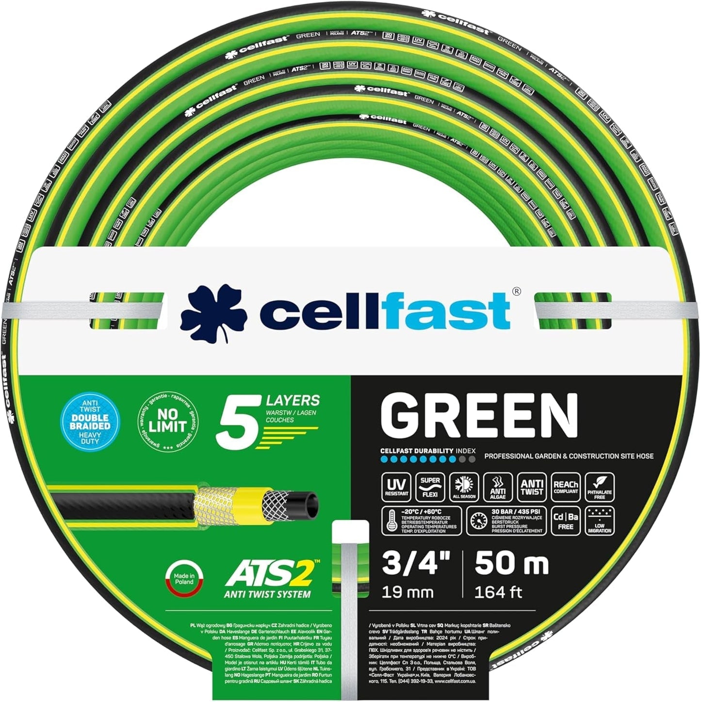 CELLFAST Haveslange 5-lags vandslange Dobbelt flettet grænseoverskridende vandingsslange UV-resistent Anti-Alge Fleksibel 30 Bar 3,4 Tommer 50 Meter Grøn