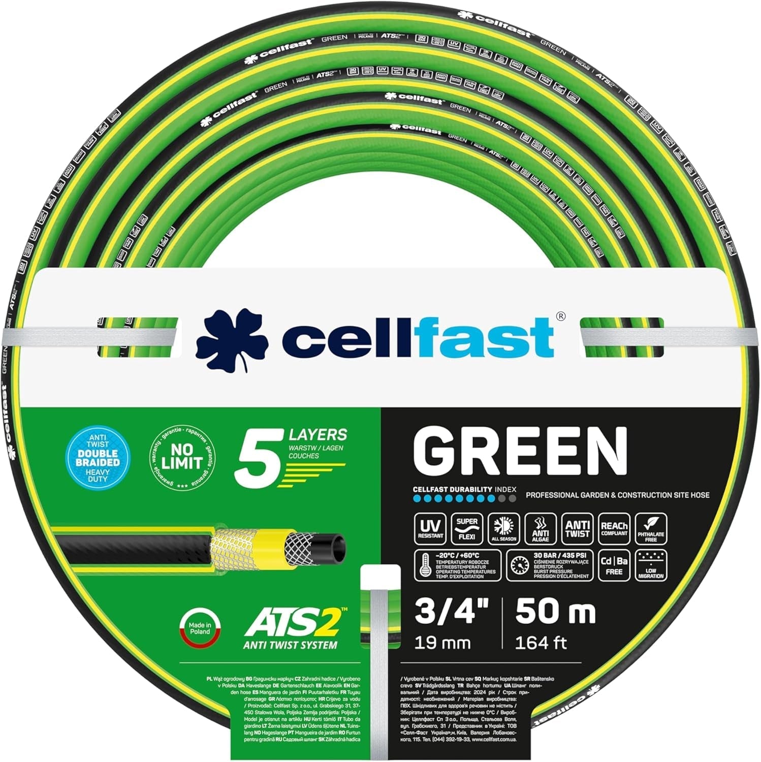 CELLFAST Haveslange 5-lags vandslange Dobbelt flettet grænseoverskridende vandingsslange UV-resistent Anti-Alge Fleksibel 30 Bar 3,4 Tommer 50 Meter Grøn