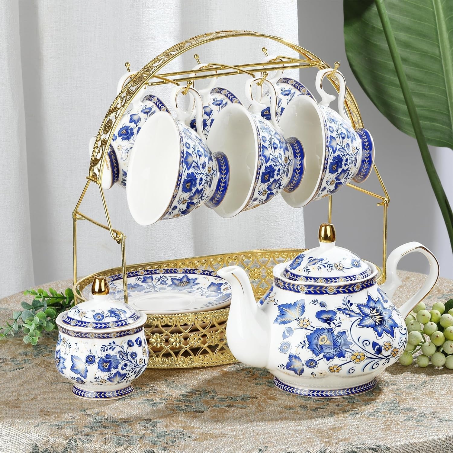 Fanquare Blue Flower Porcelæn Tesæt med Metal Stand Vintage Porcelæn Kaffekop og Underskål Engelsk Kaffesæt til voksne