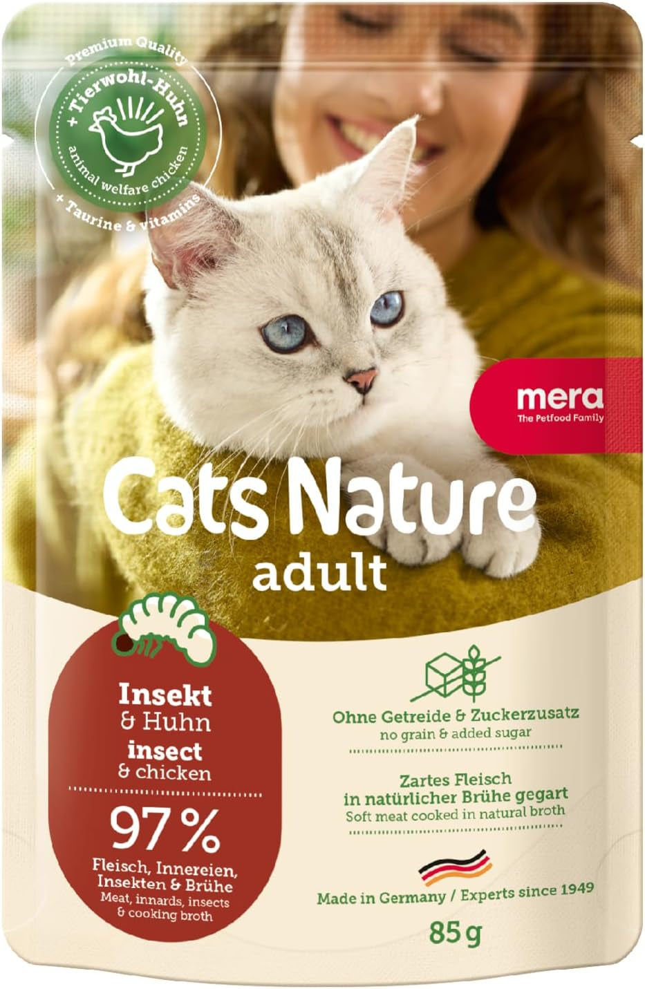 MERA Cats Nature Insect Premium Katzenfutter Nass 12x85g | ohne Zucker und Getreide| Nachhaltig & mit viel Insektenprotein | Voksen Katzennassfutter