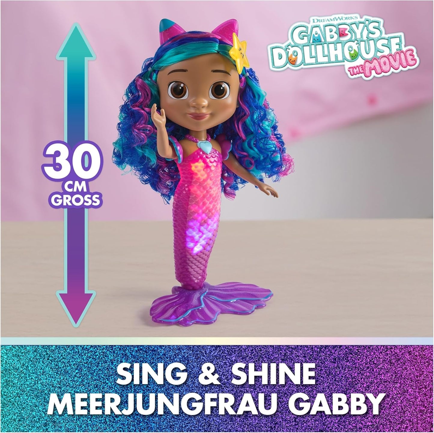 DREAMWORKS GABBY'S DUKKEHUS – Sing & Shine Meerjungfrau Gabby, 35 cm stor Puppe mit Licht- og Soundeffekten, spricht Deutsch, für Kinder ab 3 Jahren