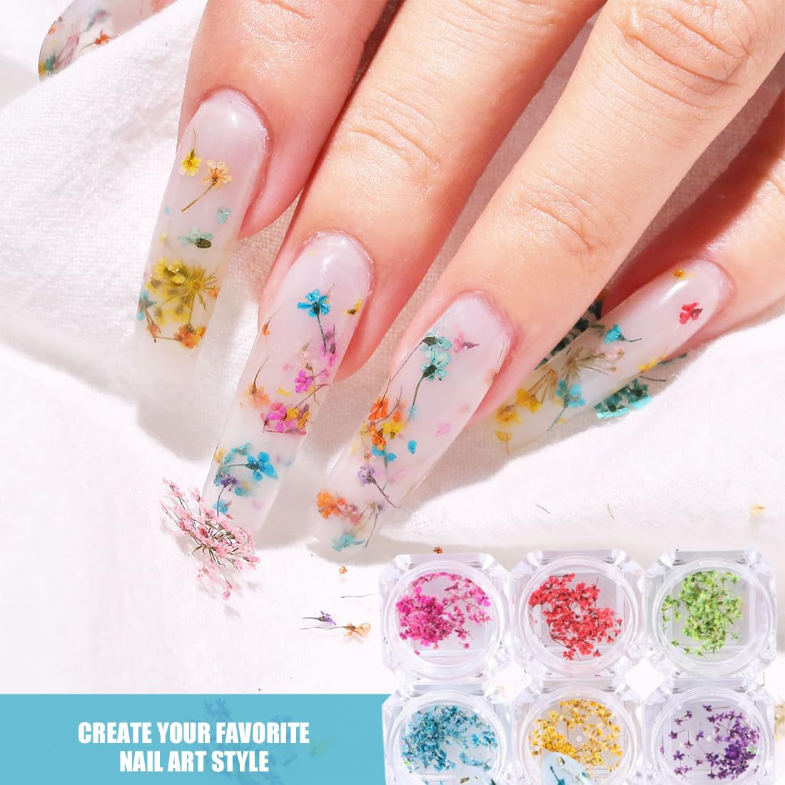 EYVRPAU 6 Stück Nail Art Flowers Set Decoration, Gelnägel Zubehör 6 Farben, Nail Art Aufkleber Trockene Blumen Kit Getrocknete Blumen Zubehör Set DIY Nageldekoration