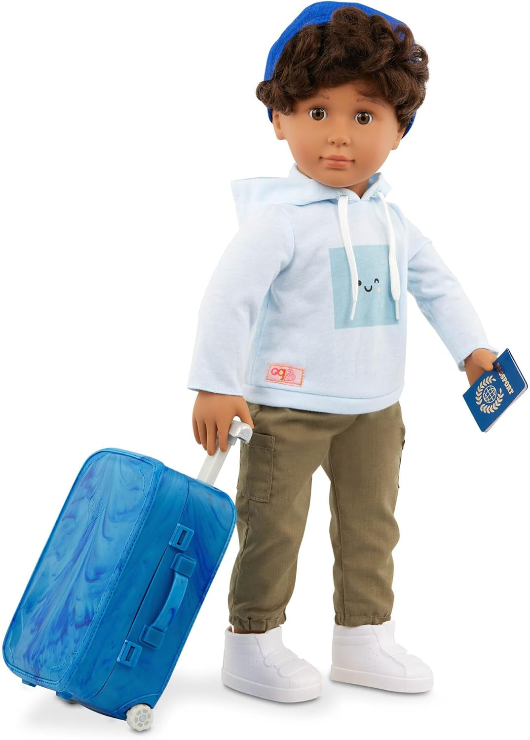 Vores generation - Milo - 46 cm drengedukke - Naturtro brune øjne og krøllet brunt hår - Bagage på hjul og rejsetilbehør - Foregive leg - Legetøj fra 3 år og opefter