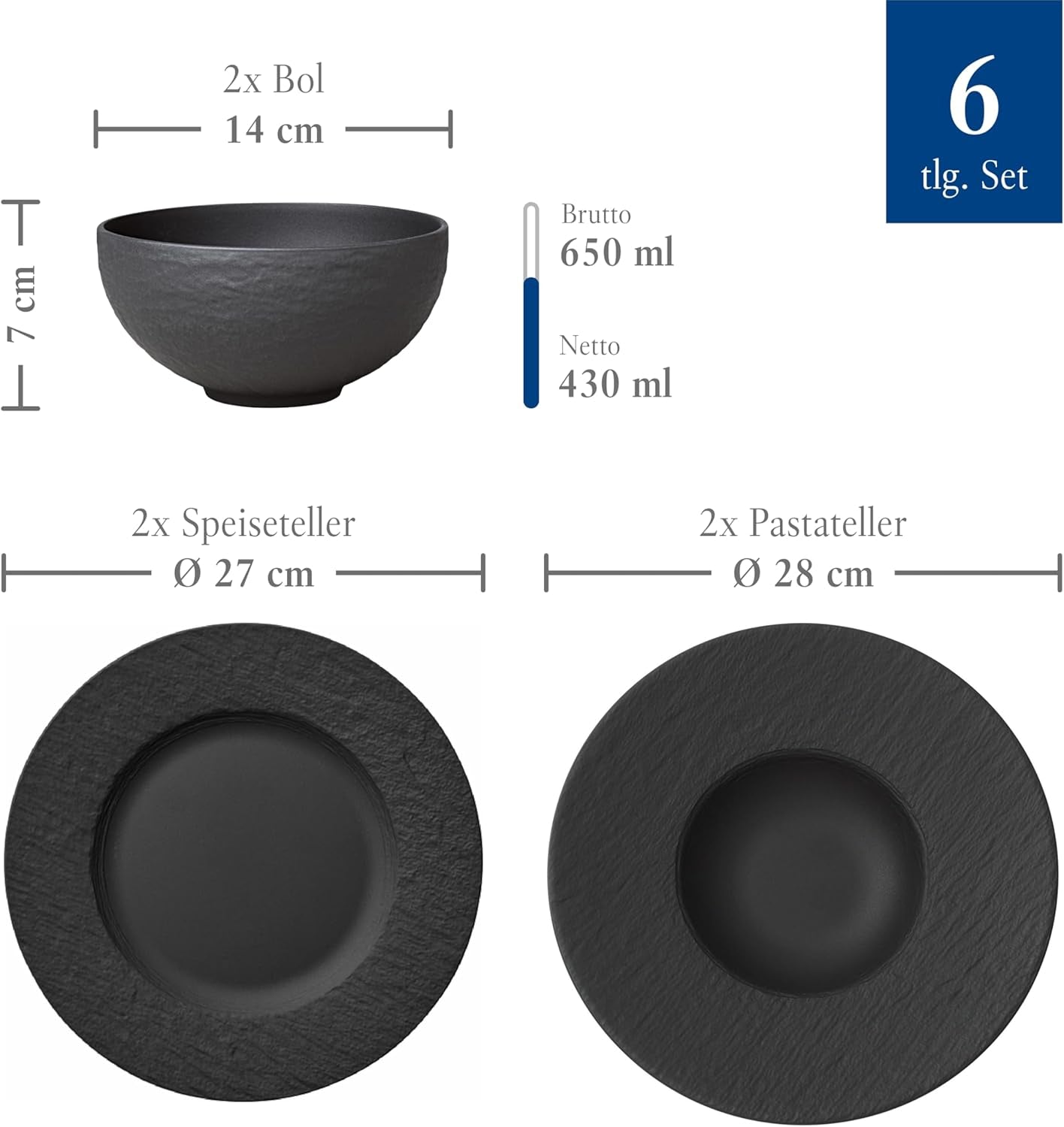 Villeroy & Boch Manufacture Rock Starter Sæt, 6 dele, sort, Tåler opvaskemaskine, Tåler mikrobølgeovn, Matsort Spisesæt, Spisestel, Bestik, Premium Porcelæn