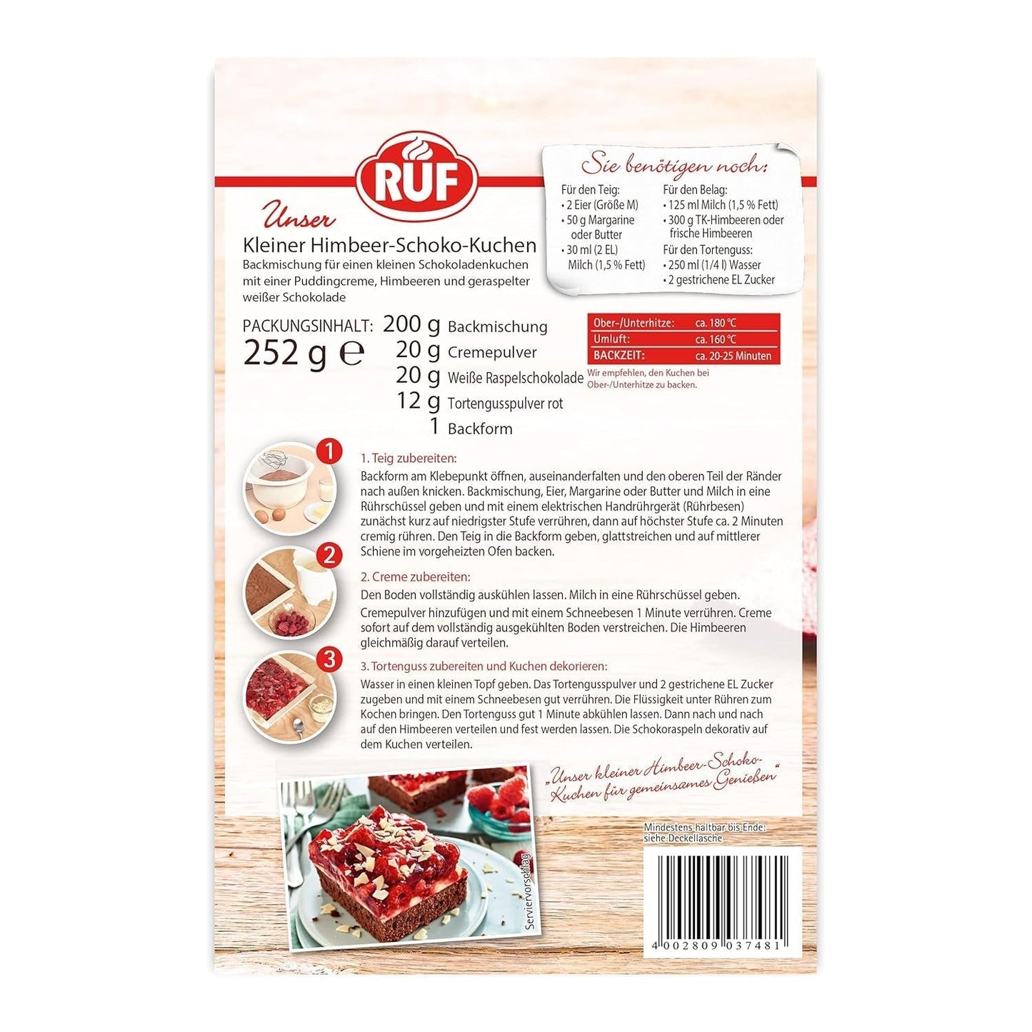 RUF Kleiner Himbeer-Schokokuchen, Mini-Kuchen Mit Feiner Puddingcreme, Himbeeren Und Weißen Schokoraspeln, Inkl. Bagform, 1X252G Blanding til bagning og madlavning Naty Shop
