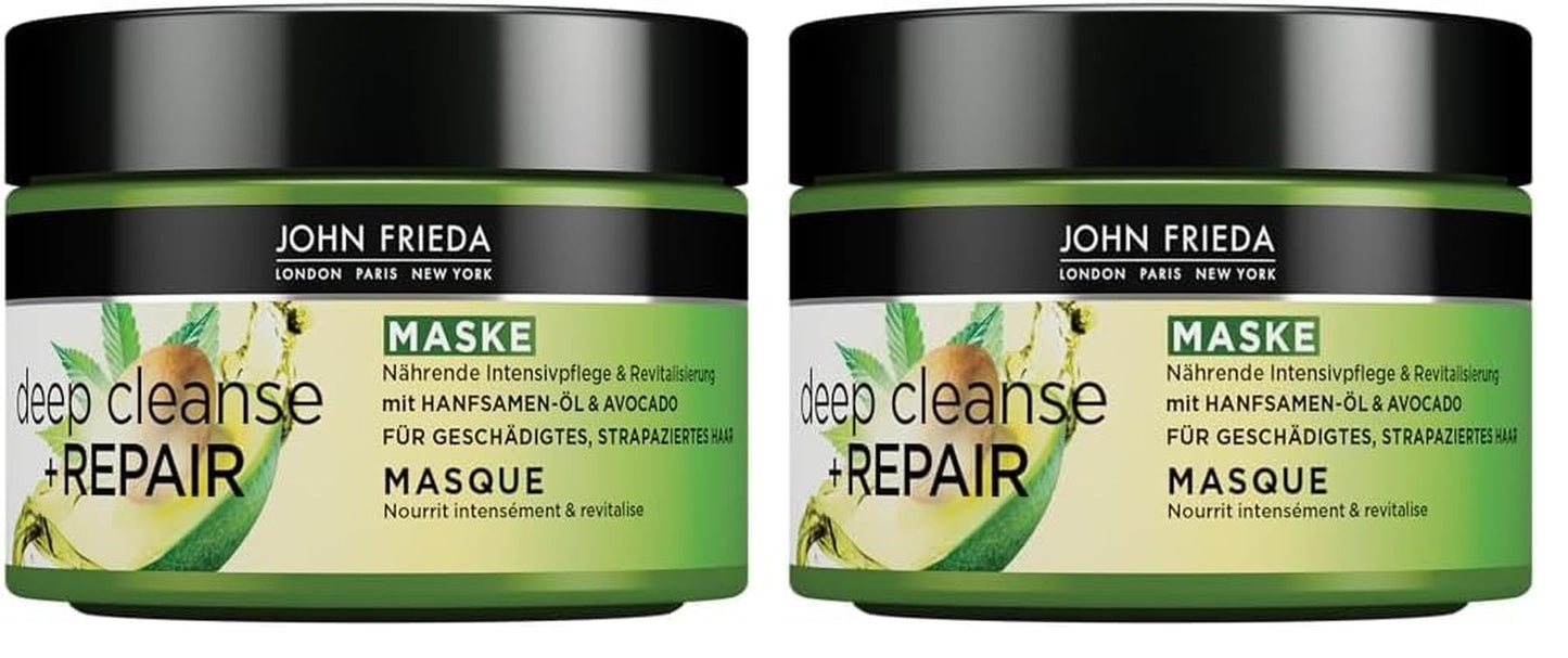 John Frieda - Deep Cleanse & Repair Mask / Treatment - Indhold: 250 ml - Med hampfrøolie + nærende avocado - Beroligende hårmaske til beskadiget hår Naty Shop hårmaske 250 ml (pakke med 2)
