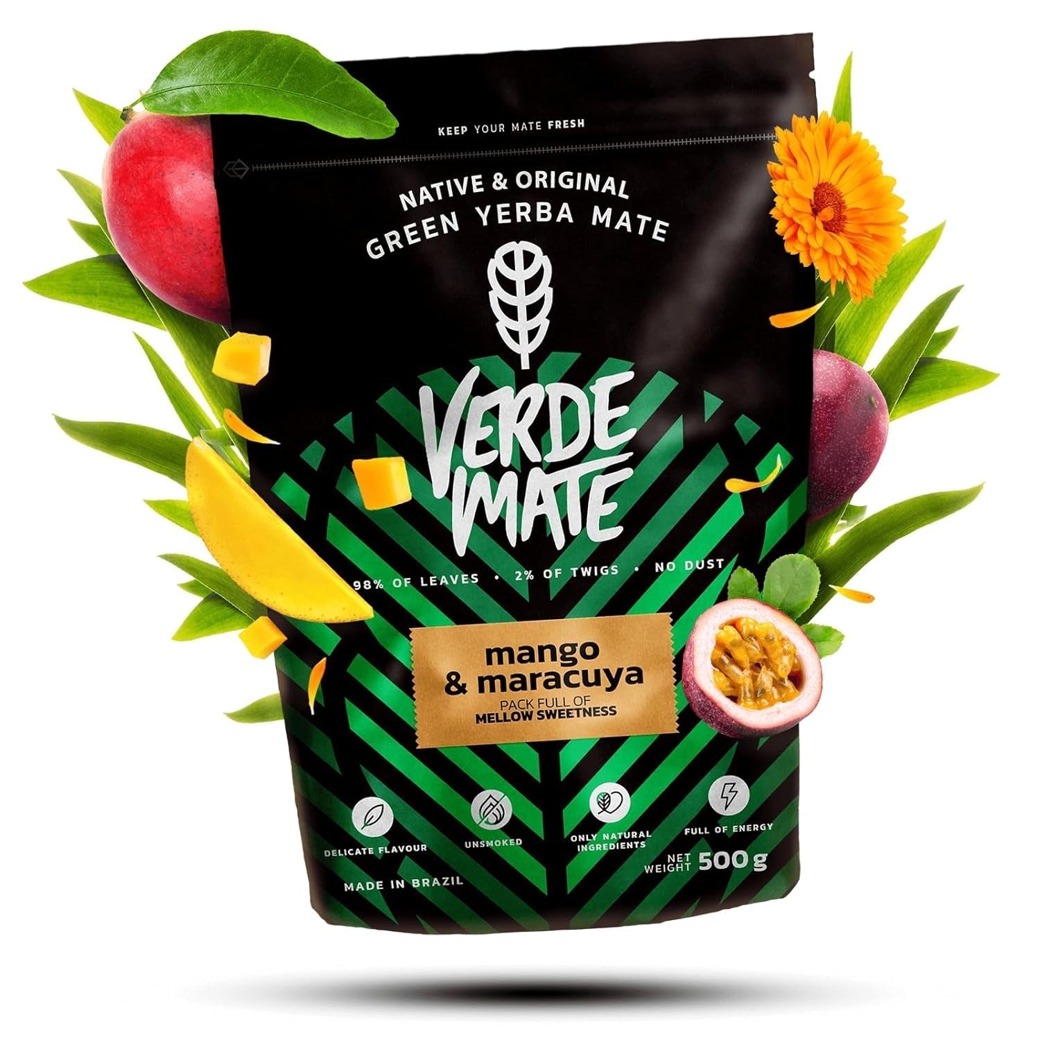 Green Mate Green Mango & Maracuya 0,5 kg | Mate frugt te | The exotic taste of Mate tea The power of cooling | Naturlig stimulering | Mate Tea fra Brasilien | 500 g
