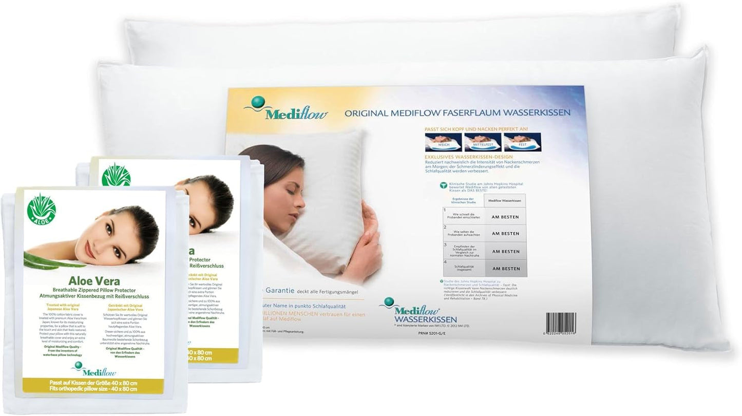 Mediflow 5222 ortopædisk støttepude, 2X vandpude med Aloe Vera-betræk, 40X80 cm, Hvid Naty Shop Standardpuder Standardtitel