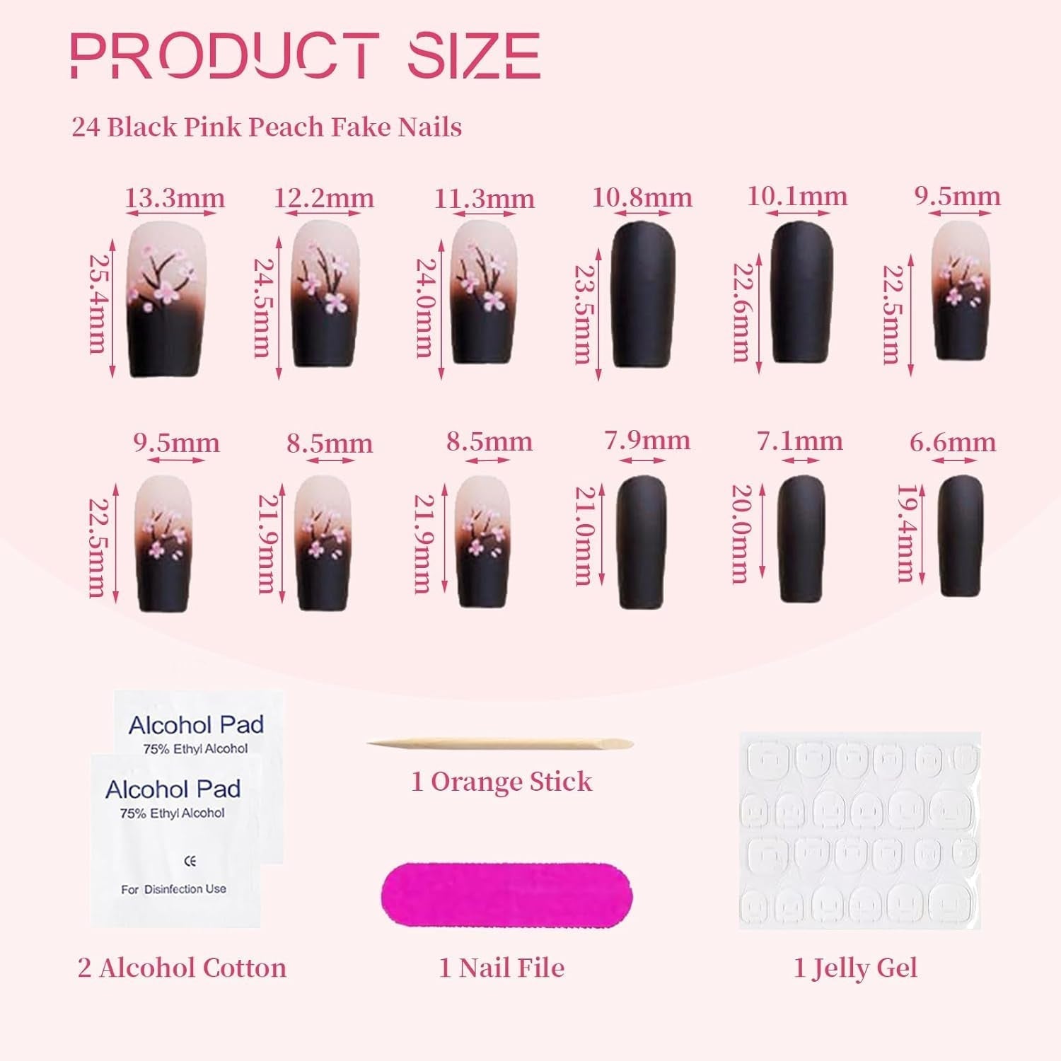 24 stk Autumn Black French Press Negle Pink Flower Lange negle lim på falske negle Autumn falske negle sæt med tilbehør