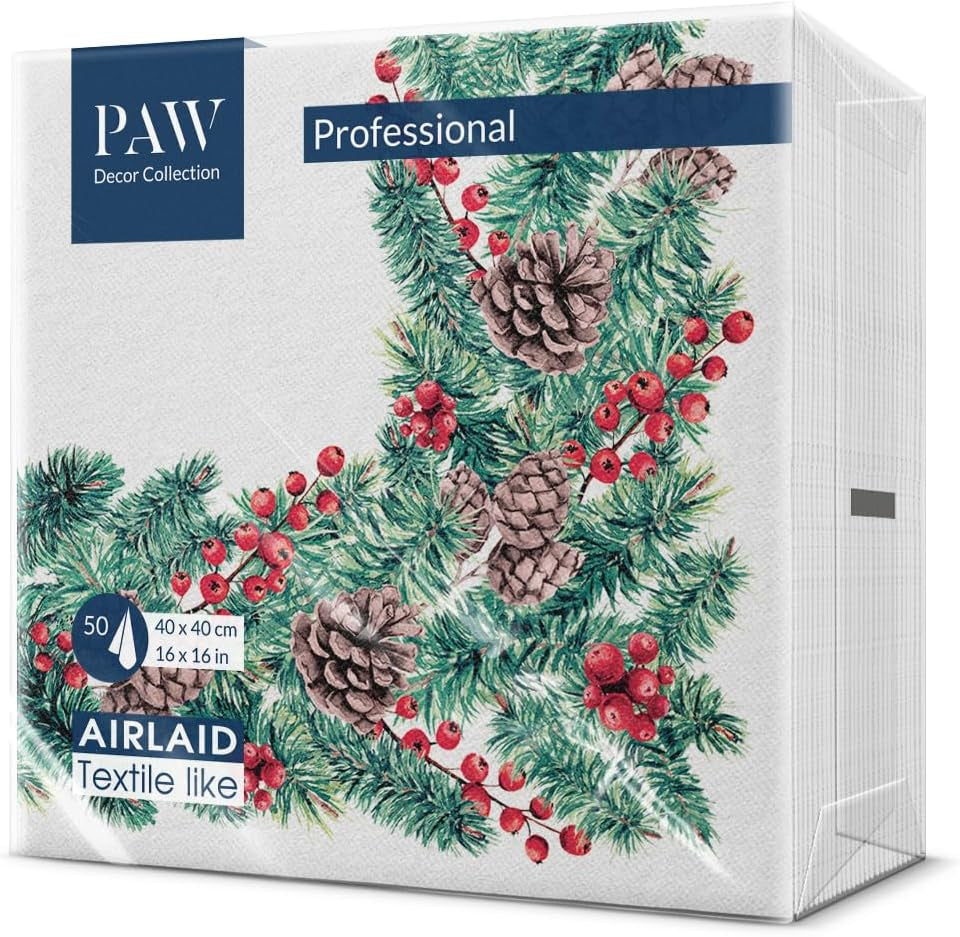 PAW - Airlaid servietter (40 X 40 Cm) I 50 stykker I Perfekt til jul, vinter, helligdage I Juleaften Bordpynt I Airlaid stoflignende servietter Vintergrene I Vintergrene