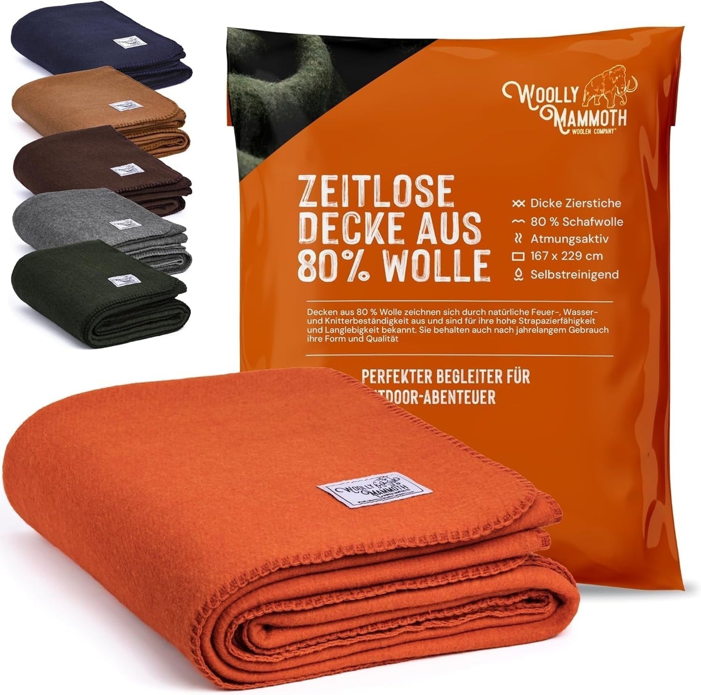 Woolly Mammoth Woolen Co. campingtæppe, ekstra stort, merinould, Det perfekte udendørsudstyr til bushcraft, camping, trekking, vandreture, overlevelse eller hyttetæppe. Brun, 168 X 228 Woolly Mammoth Woolen Company Orange/Rød Aften Zigzag (Sunset Chevron) 66" X 90" Senge og tæpper