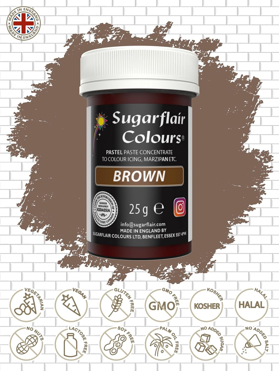 Sugarflair brun madfarvepasta, højkoncentreret pastelfarve til smørcreme, fondant, royal glasur, kagepynt og meget mere! Levende madfarve! - 25 g