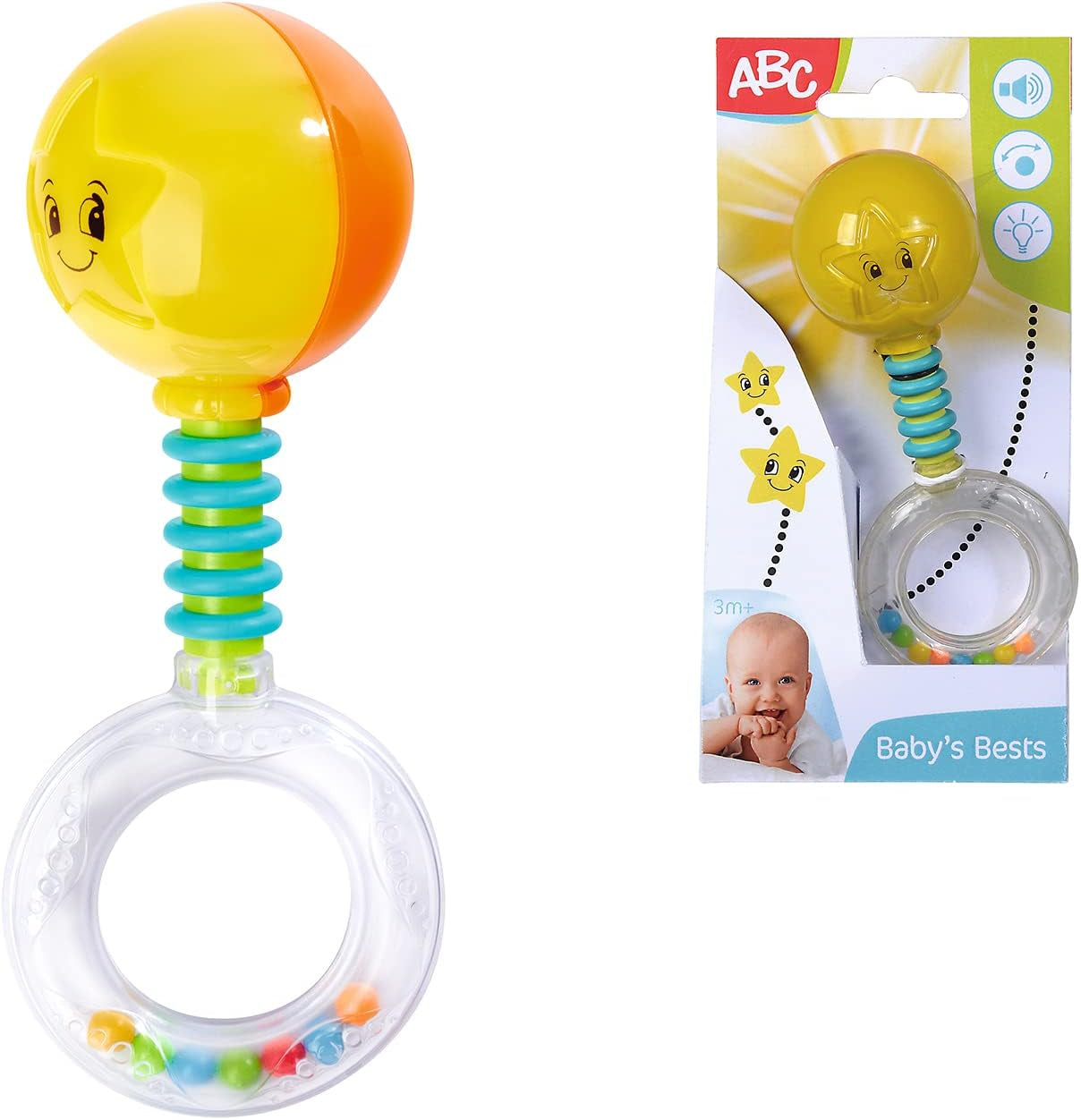 Simba 104010060 - Rangle ABC lyser, lyser ved rystet, 14cm, legetøj til babyer, rangle til babyer, første udstyr, fra 3 måneder, gul Jucarii Bebe Naty Shop