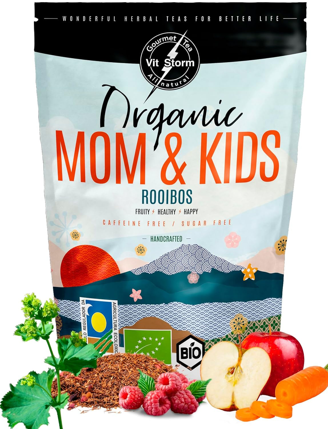 VITSTORM® BIO TEE Mom & Kids - Te til kvinder og ammende - Rooibos, æble, fennikel, citronmelisse, alchemilla, jordbær - Afslappende te - Frugtagtig og lækker - Koffeinfri - Urtete 100 g