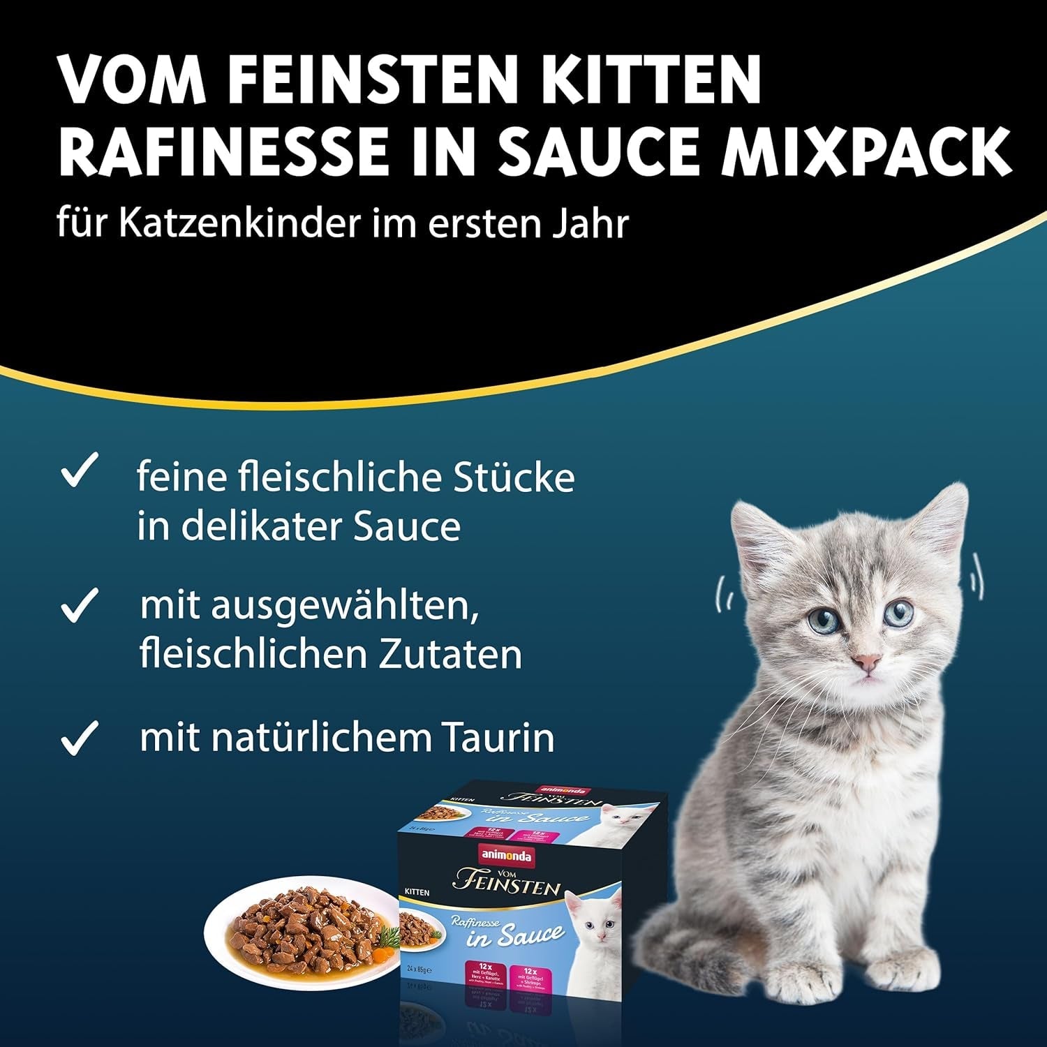 animonda vom Feinsten Premium Kitten Vådfoder til katte, Raffinerede smagsstoffer i sauce, 24 poser (24 x 85 g), Højkvalitets vådfoder til katte, sukkerfri, Blandet blanding