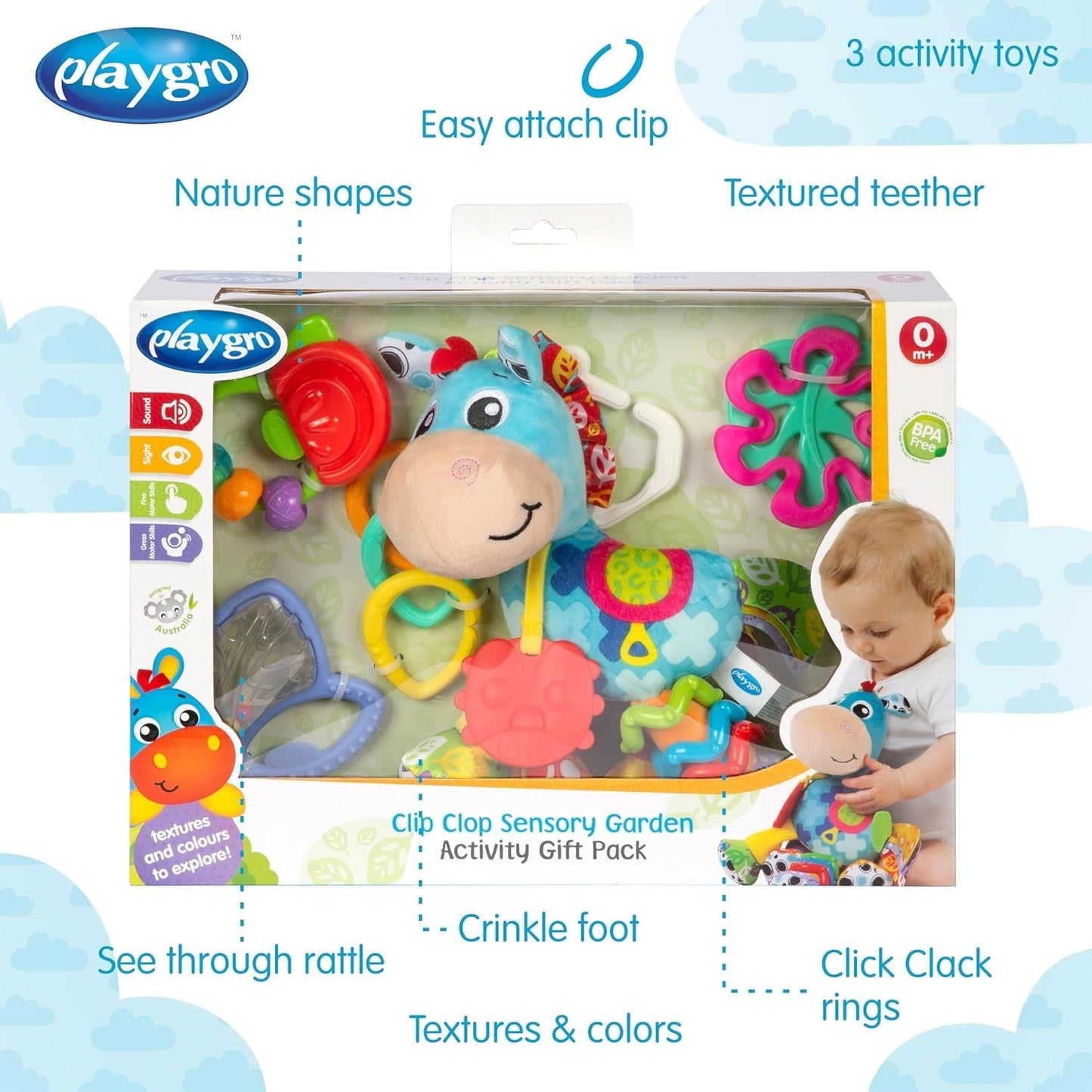 Playgro Clip Clop Sensory Garden Activity Gavepakke - Sensorisk havelegetøj til babyer fra 0 måneder - Interaktivt legetøj med rangler, bider og klapvognsven - 4 stk.