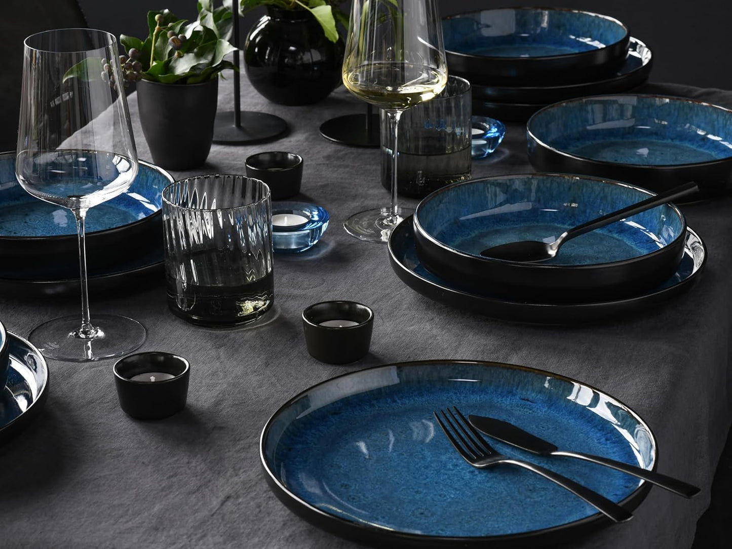 CreaTable, 20149, Nordic Fjord Blue Series, 16-delt porcelænssæt til 4, Porcelænskombinationsservice, Tåler opvaskemaskine og mikroovn, Kvalitetsfremstilling