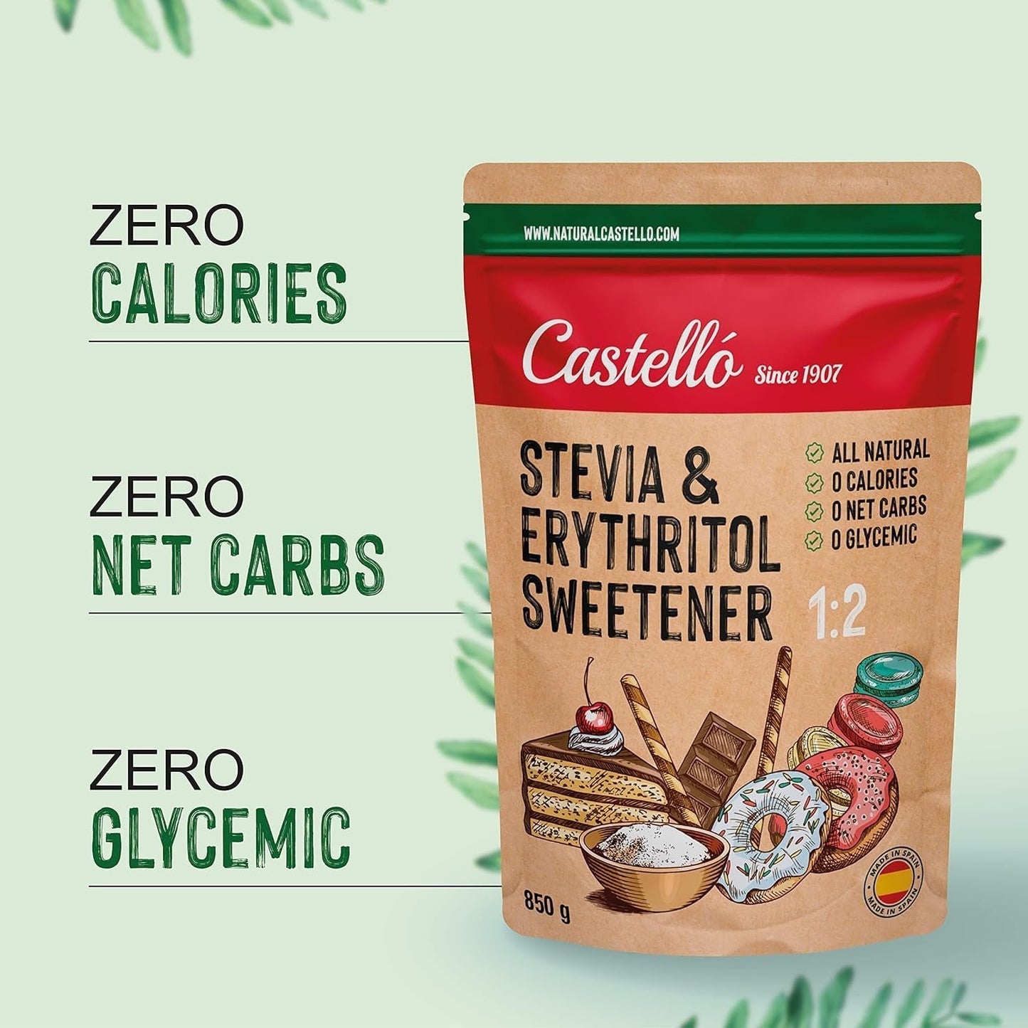 Stevia + Erythritol 1:2 Süßstoff | 1G = 2G Zucker | 100% Natürlicher Zuckerersatz - 0 Kalorien - 0 Glykämischer Index - Keto Und Paleo - 0 Netto-Kohlenhydrat - Kein GVO - Castello siden 1907 - 850 G Sødemidler Naty Shop