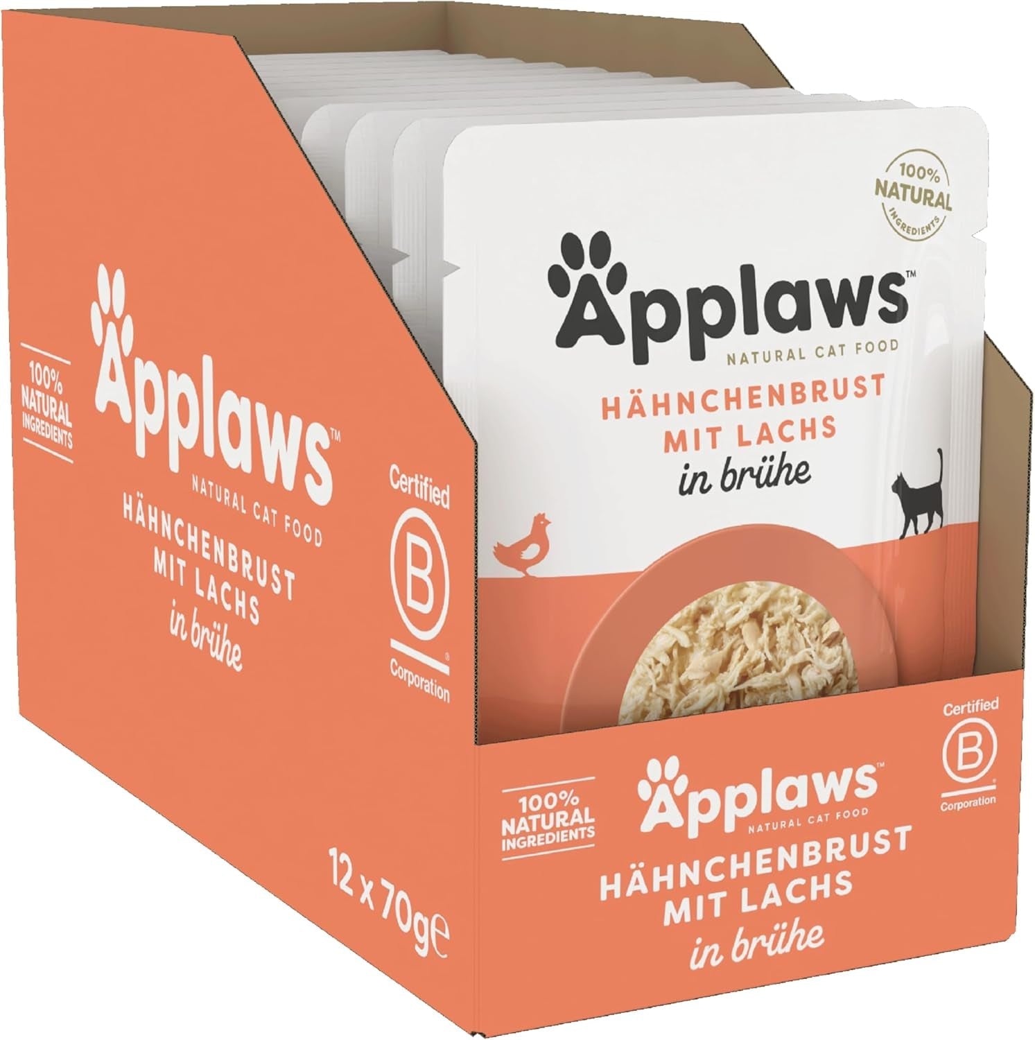 Applaws 100 % naturligt våd kattefoder, kyllingebryst med laks i bouillon - pakke med 12 70 g poser
