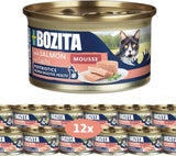Bozita Mousse MSC Salmon - 12 x 85 g våd kattefoder med en fin konsistens af mousse og laks - kornfri opskrift, uden tilsat sukker eller farver - med postbiotika til at understøtte tarmfloraen