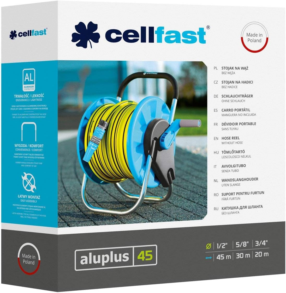 CELLFAST slangetromle, korrosionsbestandig haveslangetromle, forhindrer slangen i at bøje, 1/2" 45m Aluplus