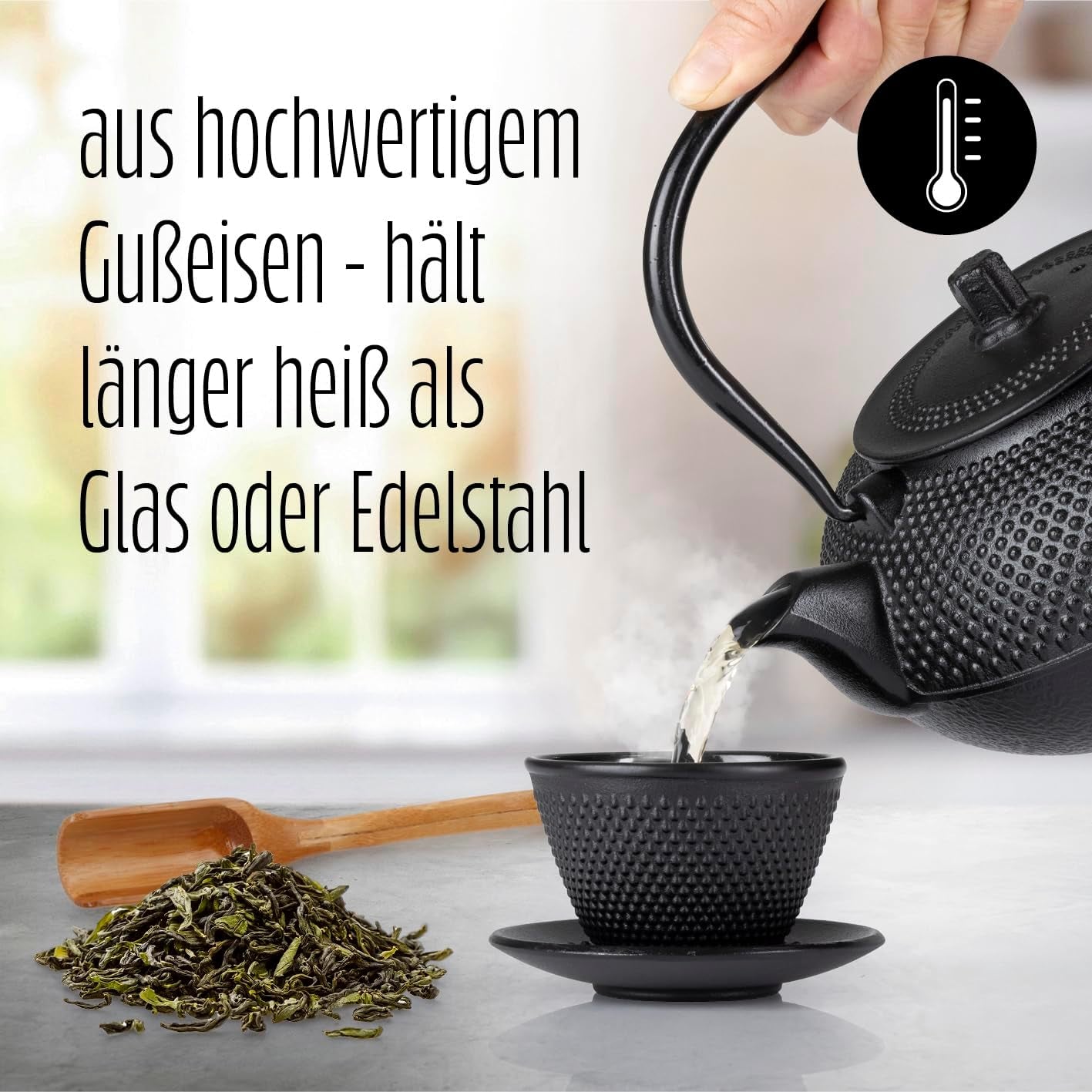 Lumaland 8 dele tesæt | 1,4 liter Tetsubin støbejern tekande | Varmelegeme i støbejern | 2 tekopper og 2 underkopper | Japansk tesæt inklusiv bambus-måleske og infuser af rustfrit stål