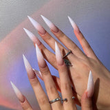 Moonglow Lange Negle Stiletto Mælkehvid Pink Gradient Glitter Cool falske negle med lim Pink Ombre Glitter Kunstige negle