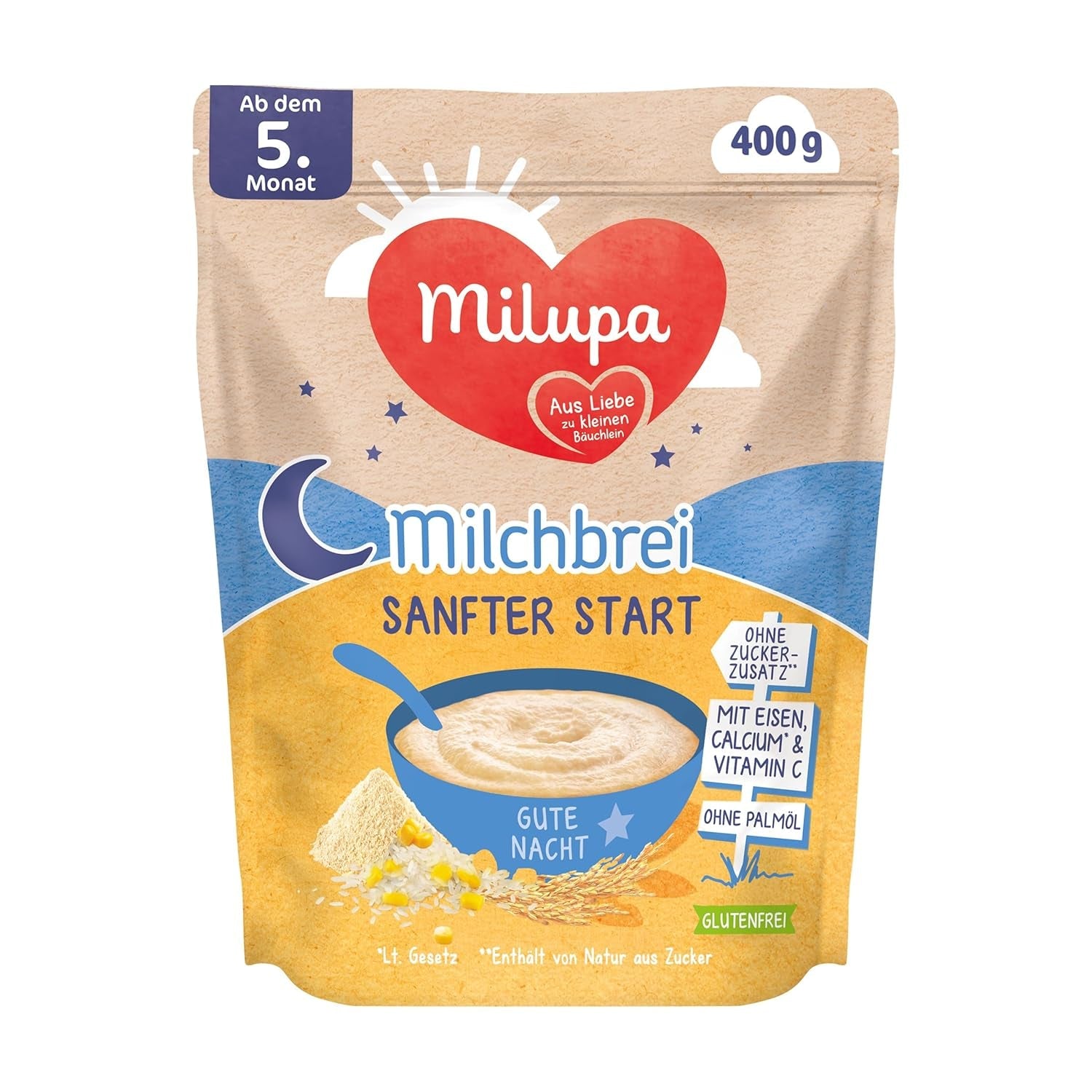 Mælkegrød Milupa Gentle Start - Kornprodukter til babyer uden gluten, uden palmeolie - Uden konserveringsmidler og farvestoffer - Fra 5 måneder - 4 x 400 g