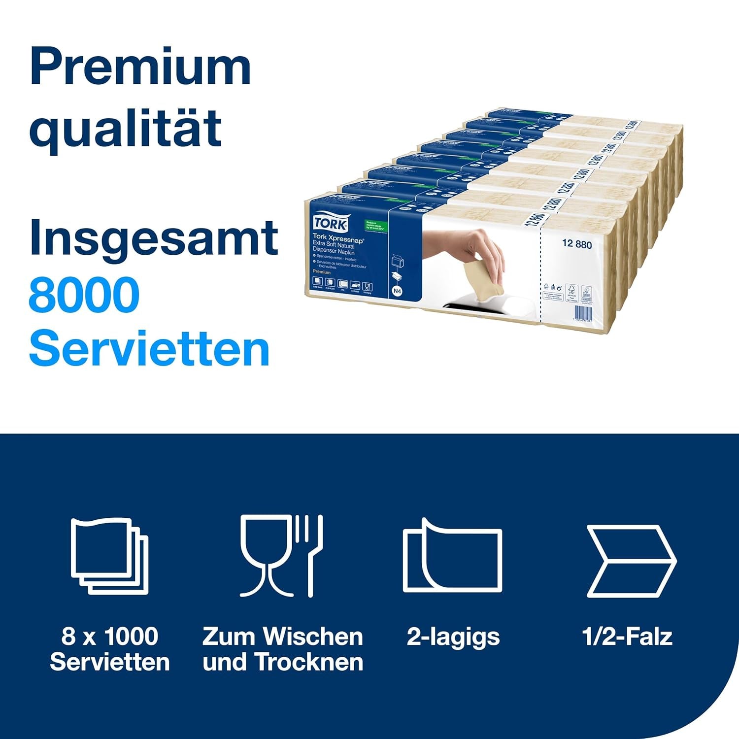 Tork Xpressnap Extra Soft Nature N4 Dispenser serviet, Premium, 1/2 x 2 lag, 21,3 cm X 16,5 cm, 8 × 1.000 servietter, 12880