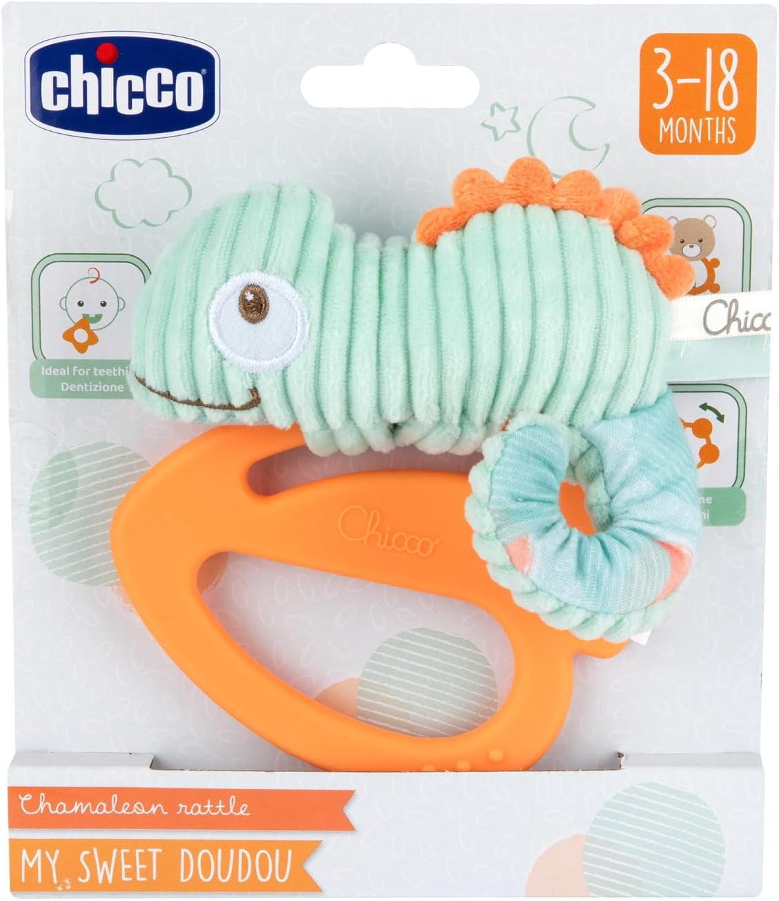 Chicco My Sweet Doudou Chameleon Legetøj Lavet af højkvalitetsstof Blødt plastik Ring Beroligende tænder Babylegetøj 3-18 måneder Babylegetøj Naty Shop