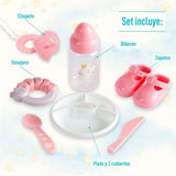 JC Toys - Berenguer Boutique 38 cm blød og naturtro dukke med åben/lukket mund, gavesæt i 10 dele, sutteflaske, rangle, sut og tilbehør, lyserød, 2+ år