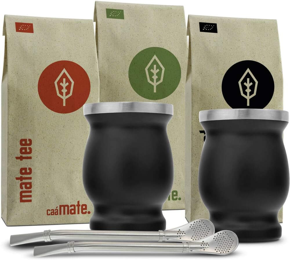 Mate Bio Tesæt ● 3 samlinger af Mate + 2 dobbeltvæggede rustfri stålkopper + 2 bombillaer + tilberedningsinstruktioner (sort)