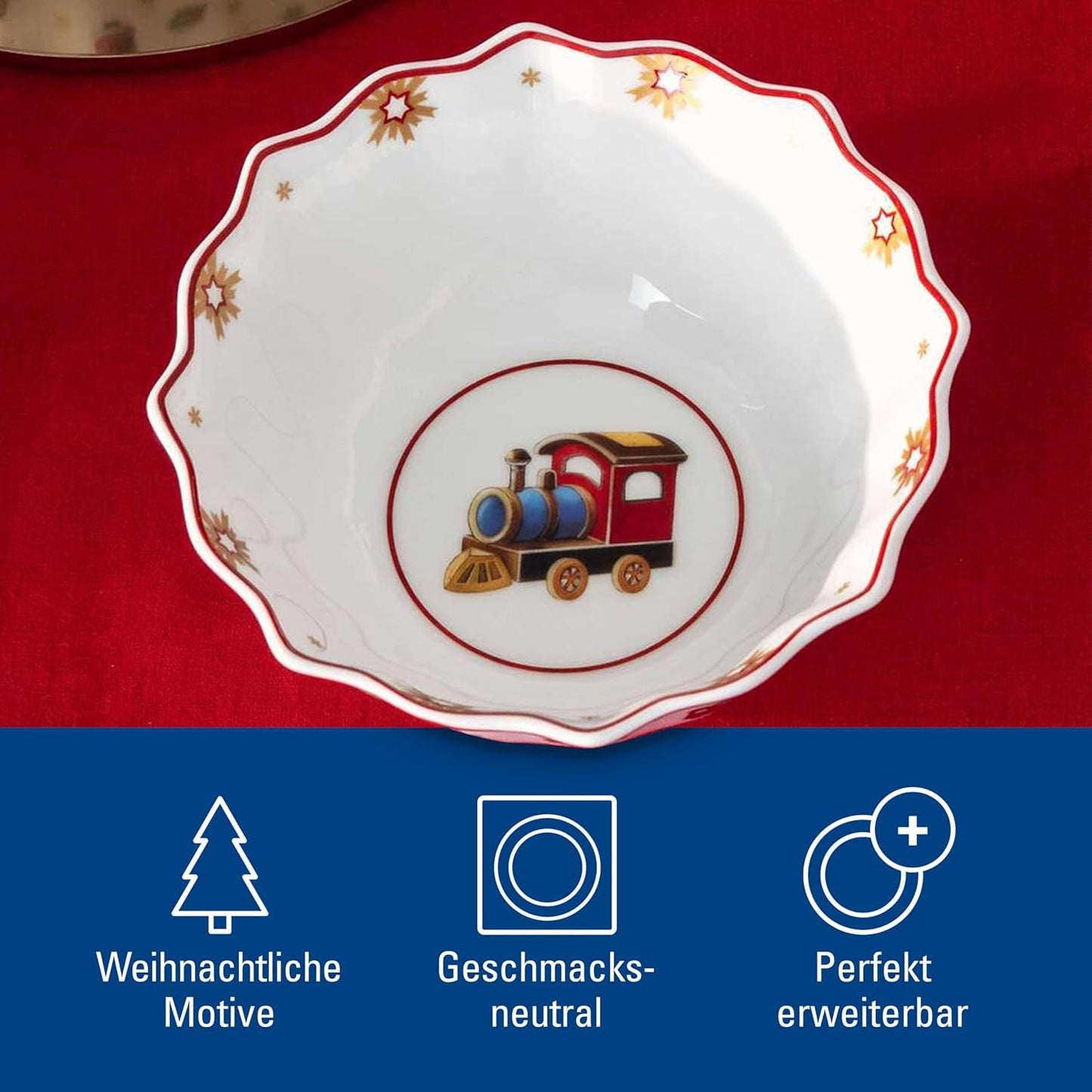 Villeroy & Boch - Toy's Delight morgenmadssæt til 2, lokomotivdesign, 6 stykker, farverigt, jul, porcelænssæt med tallerkener, kopper og skåle til morgenmad, julestel, premium porcelæn