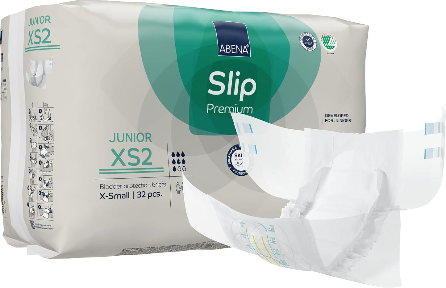 Premium juniorbleer, miljømærket, forbedret lækagebeskyttelse, sikre og behagelige babybleer - størrelse 7/XS2, taljeomkreds 40-60 cm, i alderen 5-15 år, 1 x 32 stk.
