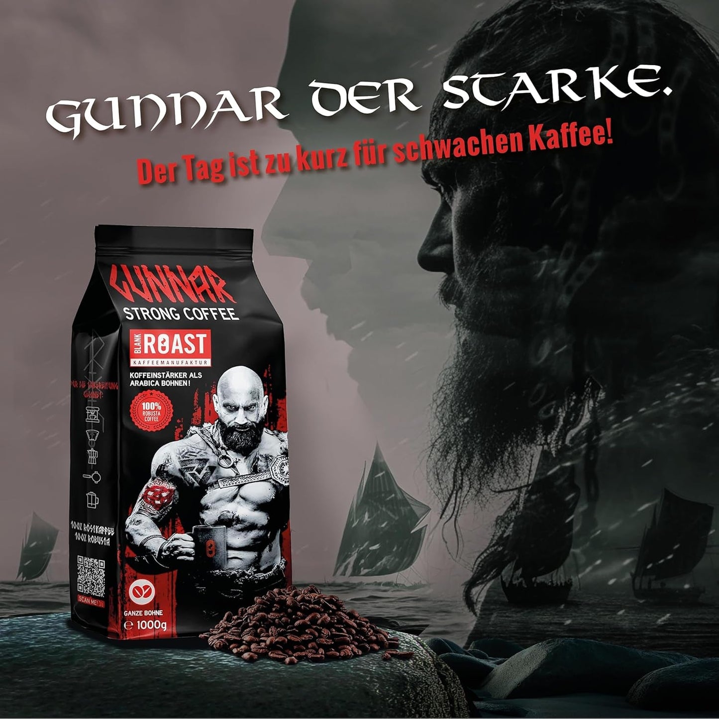Blank stege - GUNNAR - 1 kg - Hele Kaffee-Bohnen Extra Strong - Kräftige Robusta-Röstung - 494mg Kaffein i Tasse - Würzig & Kraftvoll mit Noten af ​​dunkler Schokolade - Säurearm