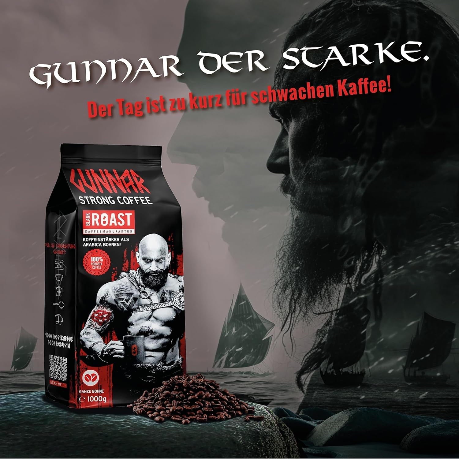 Blank stege - GUNNAR - 1 kg - Hele Kaffee-Bohnen Extra Strong - Kräftige Robusta-Röstung - 494mg Kaffein i Tasse - Würzig & Kraftvoll mit Noten af ​​dunkler Schokolade - Säurearm